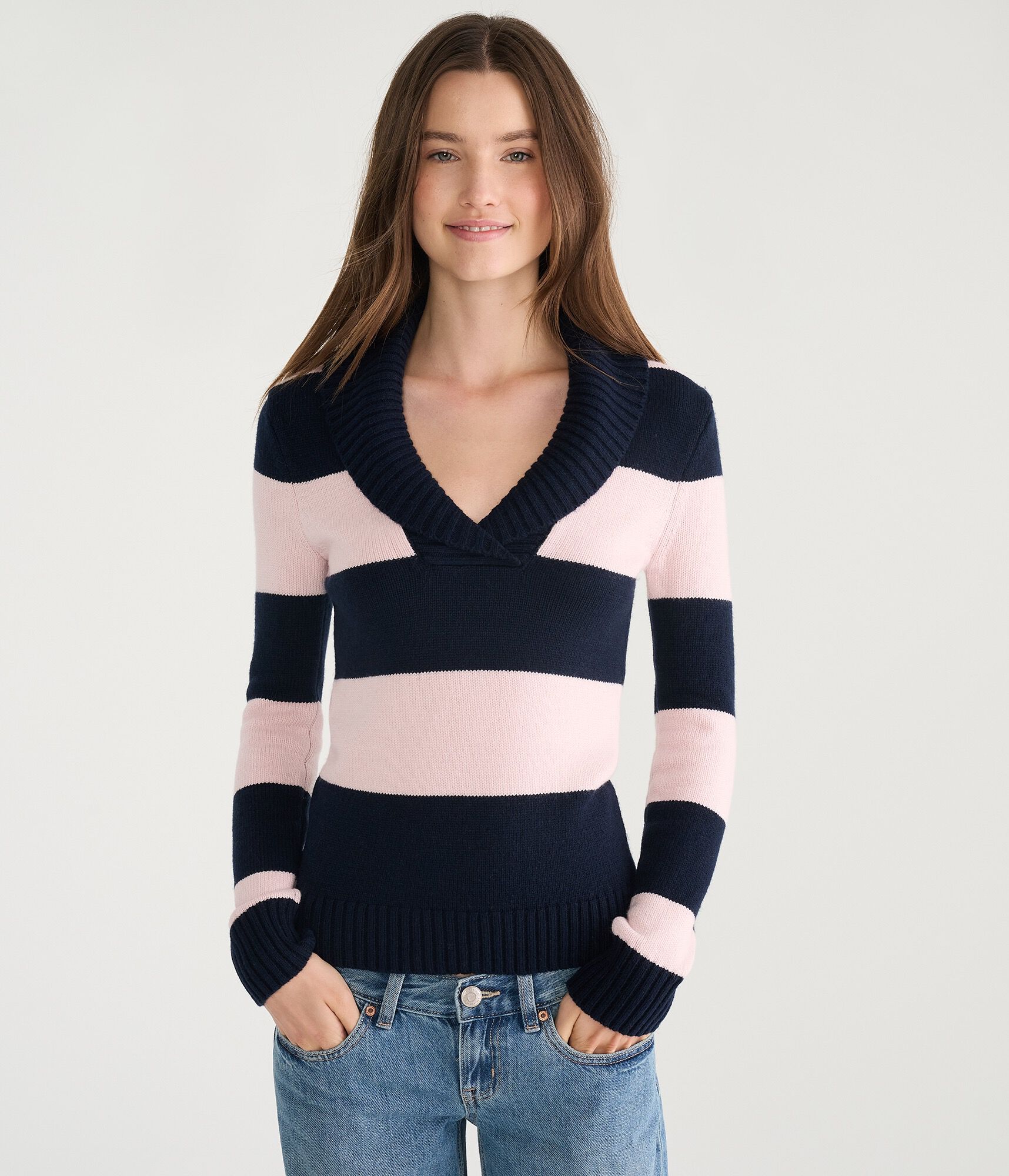 Striped Shawl Collar V-Neck Sweater