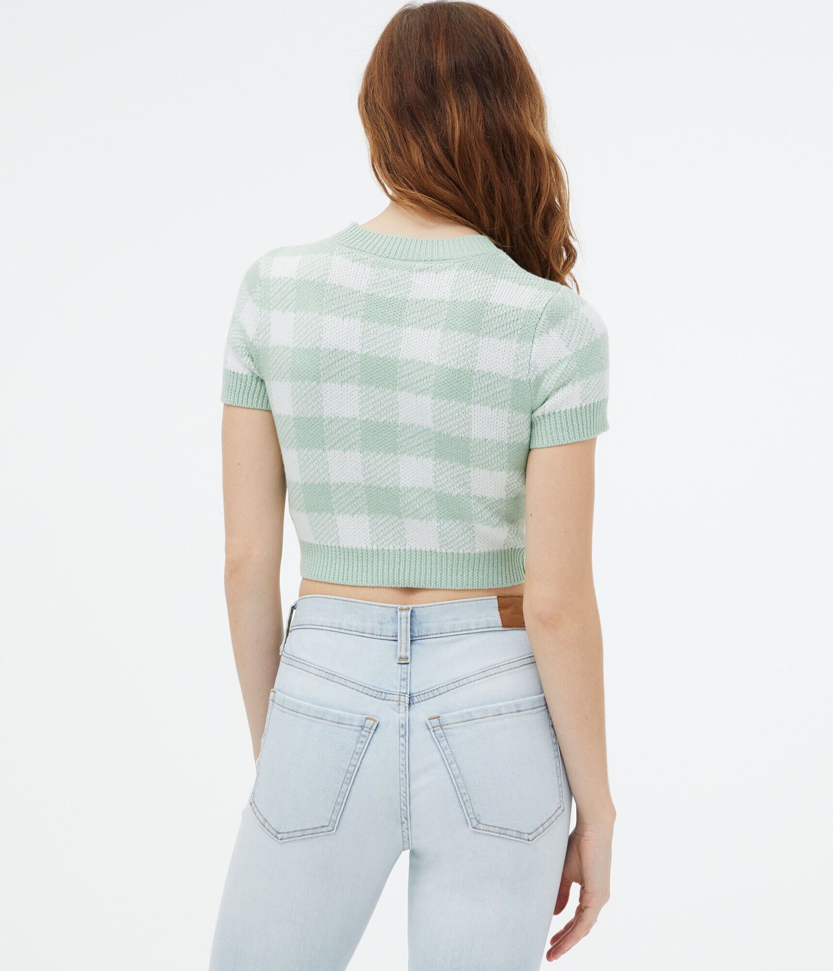 Short Sleeve Gingham Cropped Crew Sweater