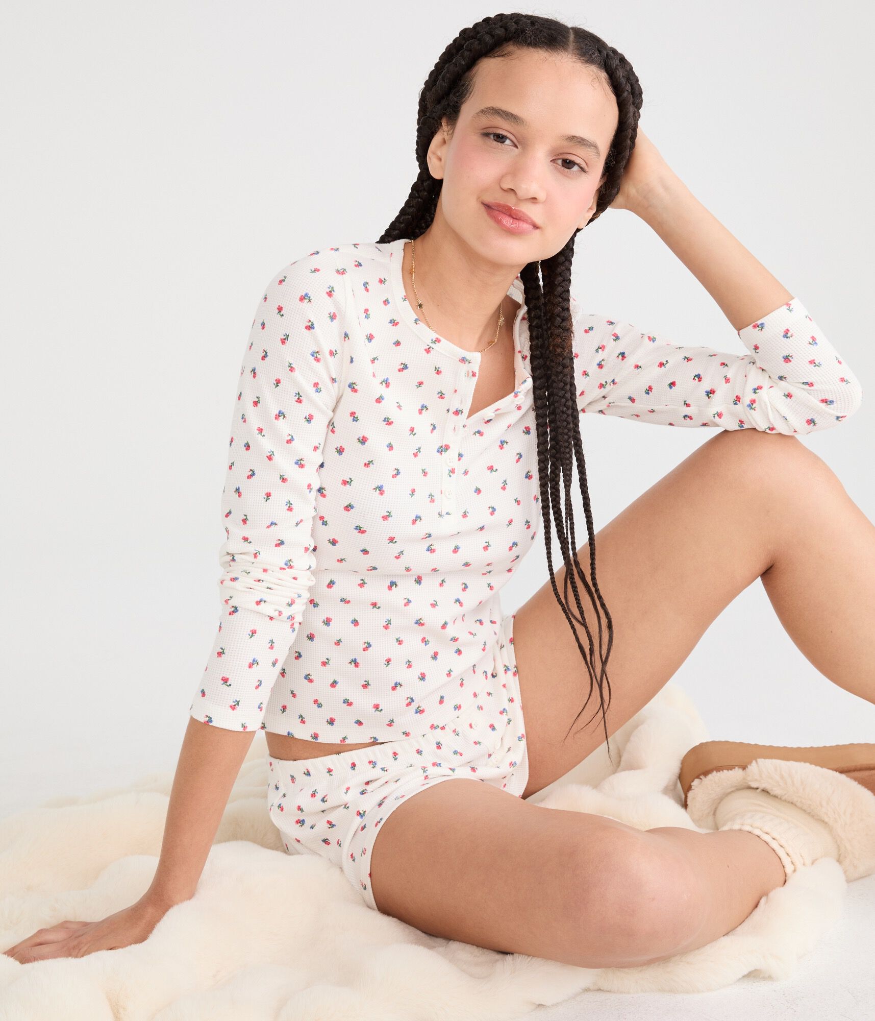 Long Sleeve Floral Waffle Henley Sleep Tee