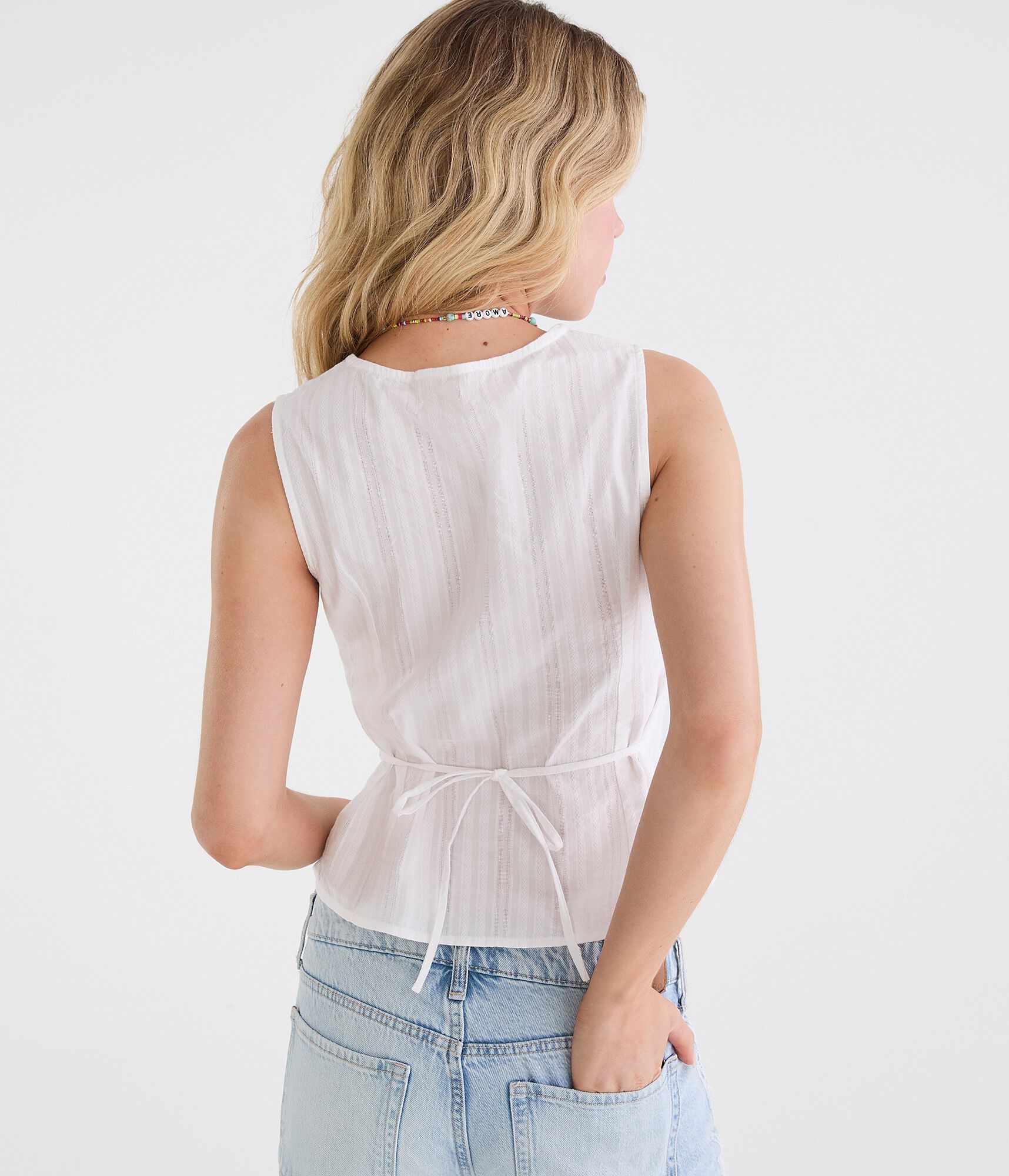 Textured Stripe Tie-Back V-Neck Tank Top