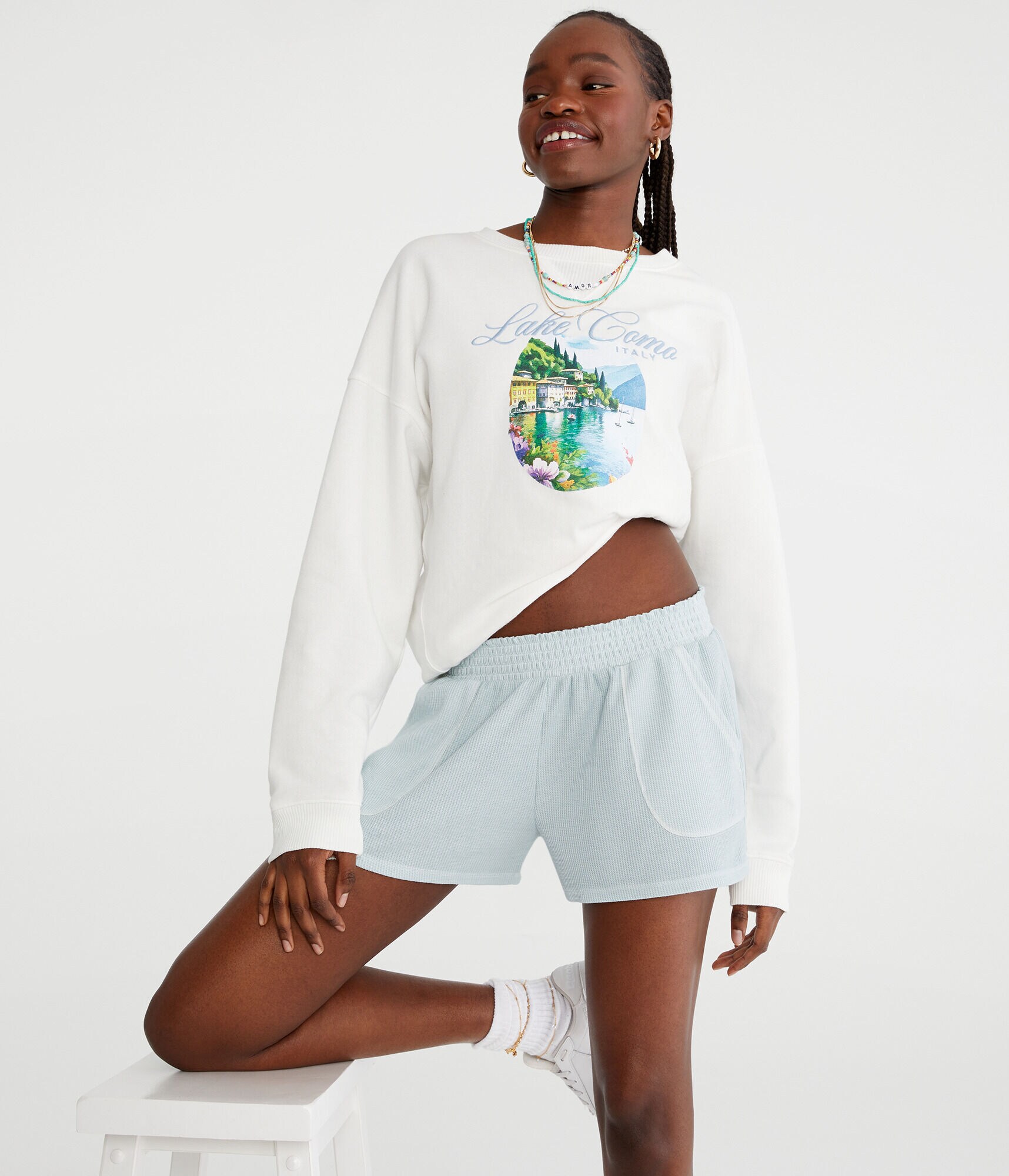 Washed Mid-Rise Waffle Shorts