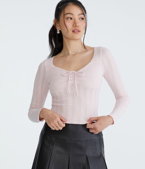 Long Sleeve Cinch-Front V-Neck Crop Top