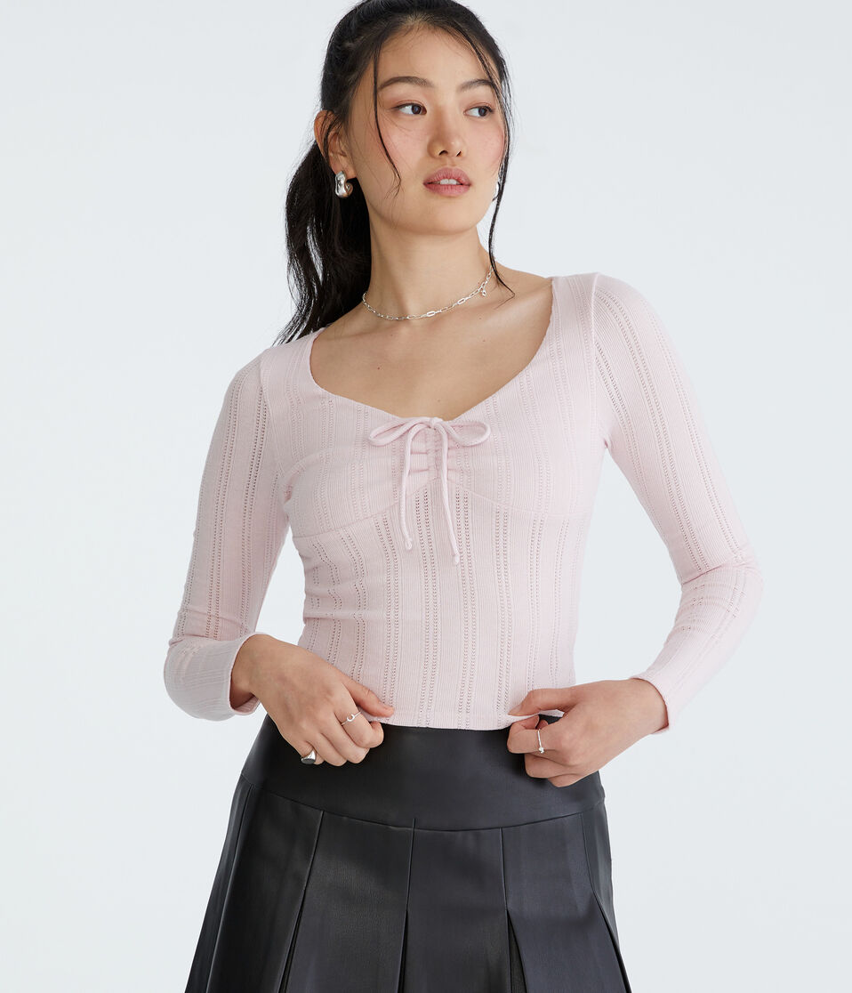 Long Sleeve Cinch-Front V-Neck Crop Top