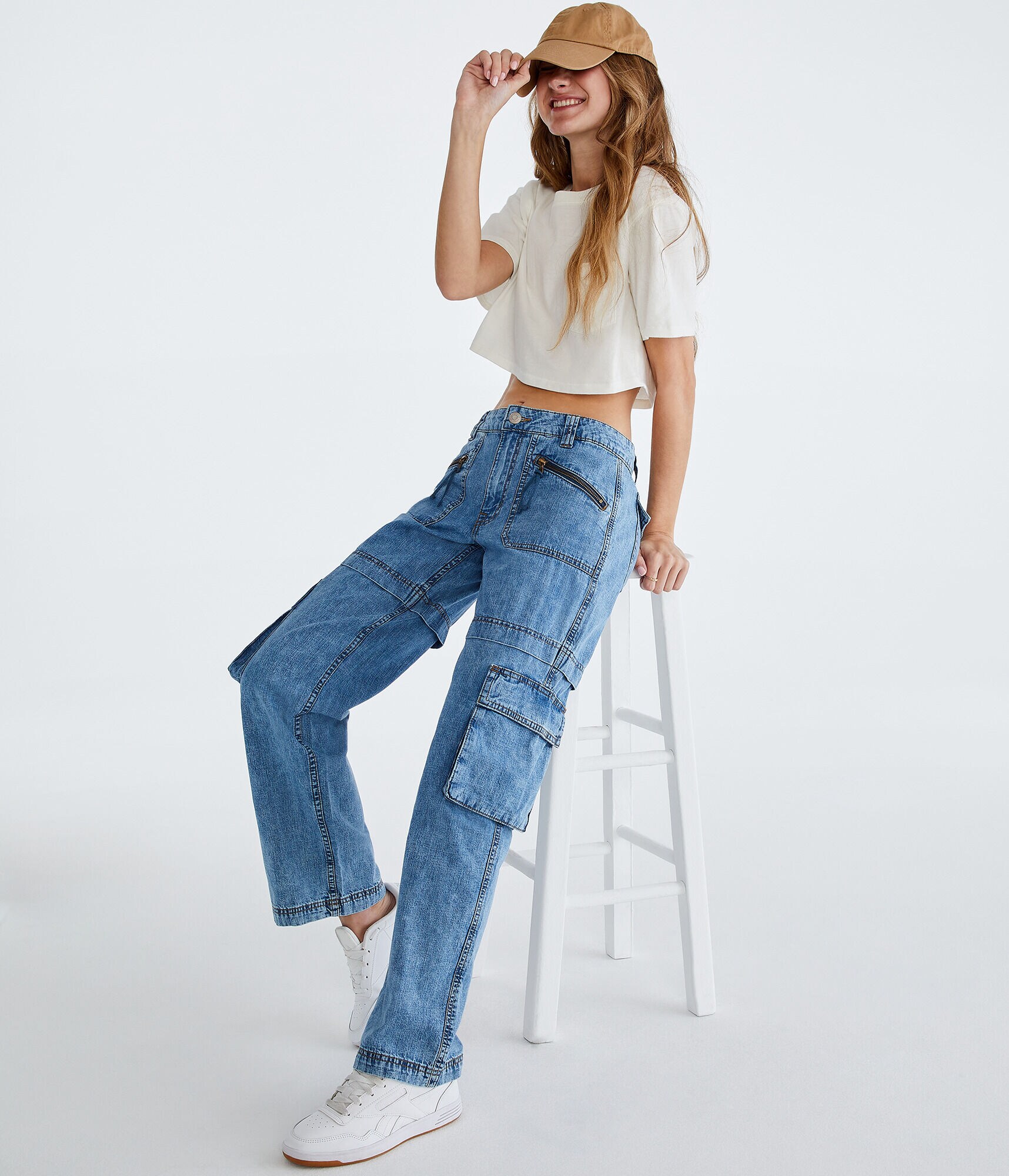 Low-Rise Denim Parachute Pants