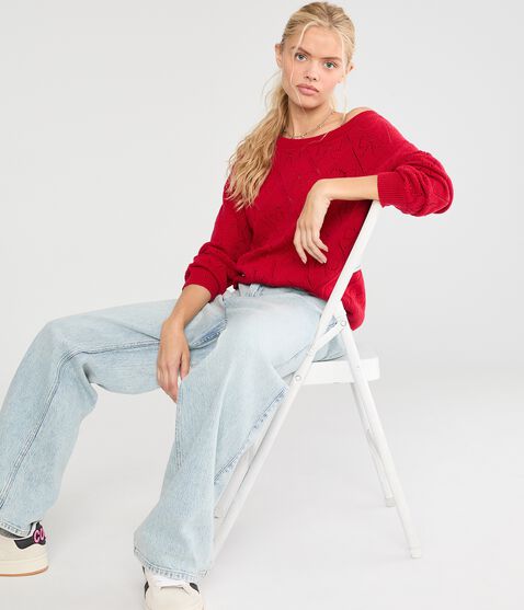 Slouchy Pointelle Bow Slash-Neck Sweater Slouchy Pointelle Bow Slash-Neck Sweater