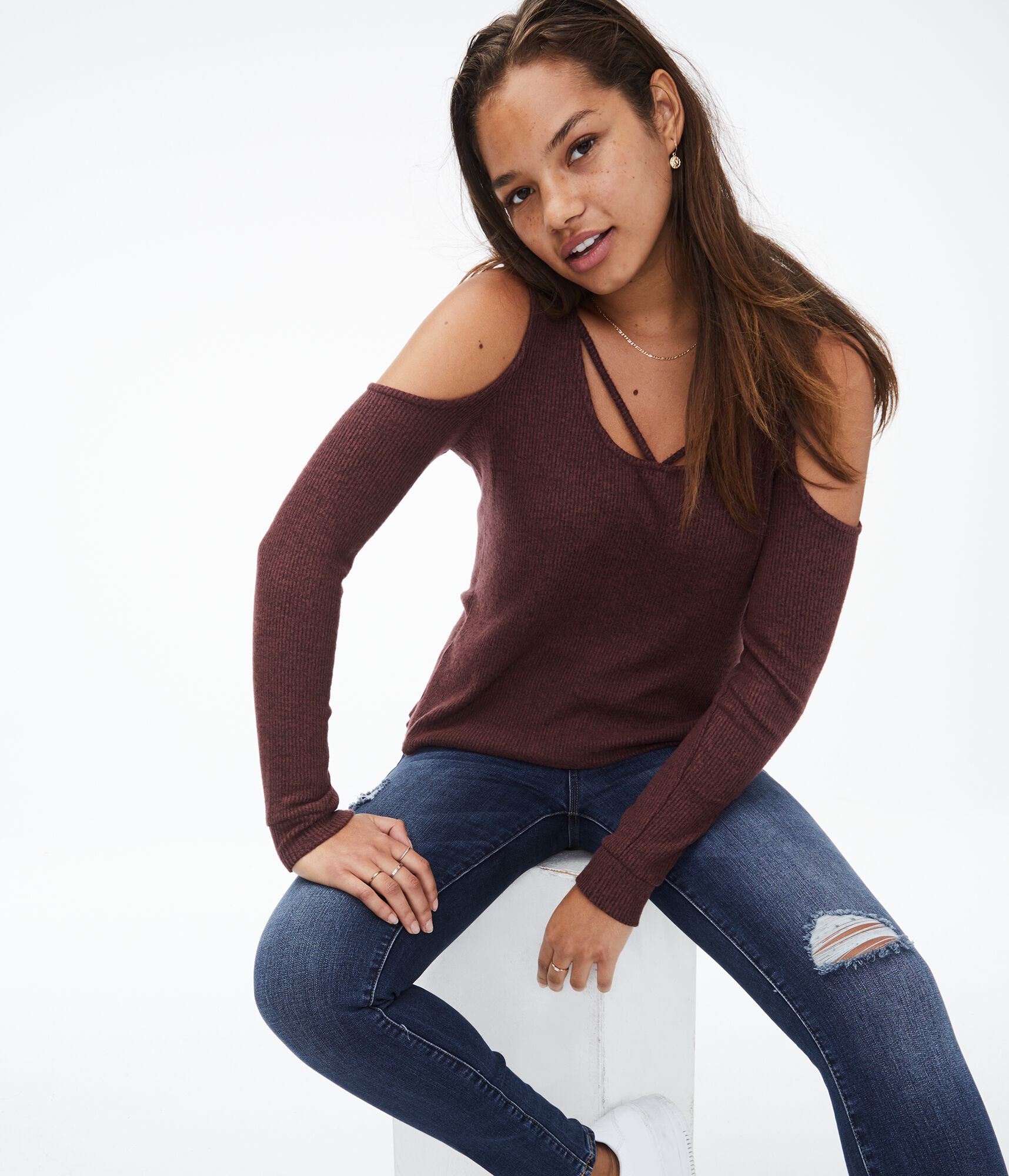 Long Sleeve Strappy Cold-Shoulder Top***