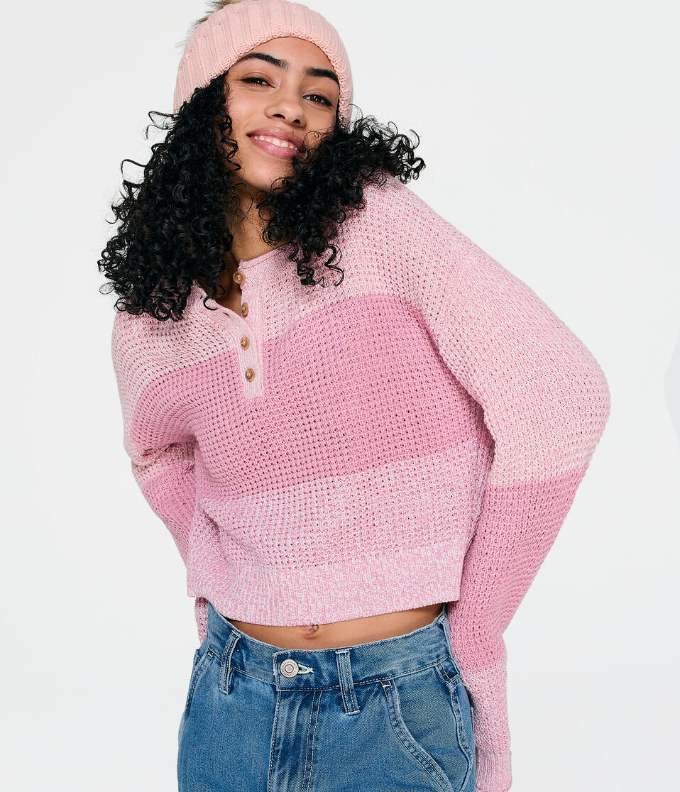 Striped Cropped Henley Sweater