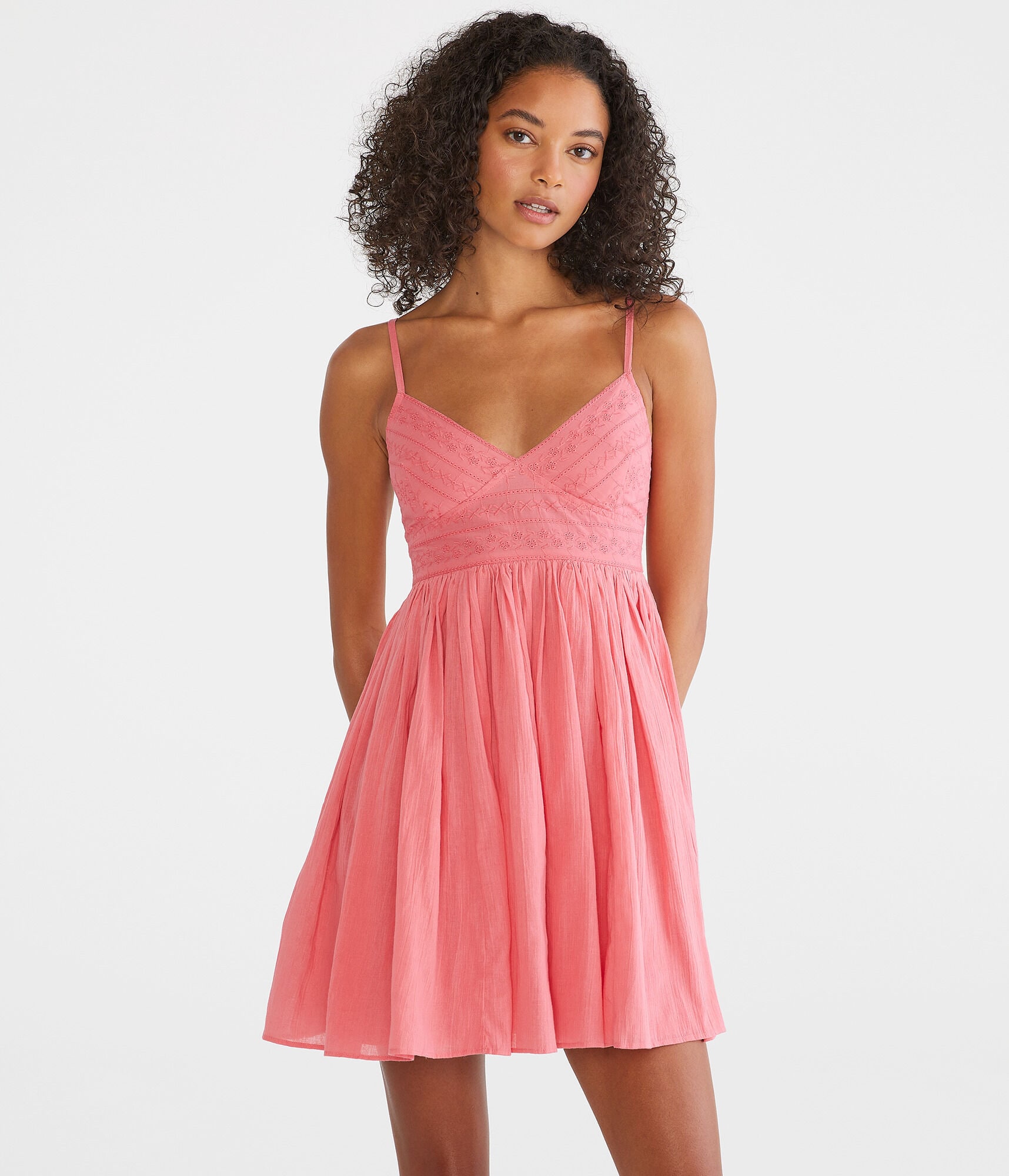 Solid V-Neck Eyelet Babydoll Dress