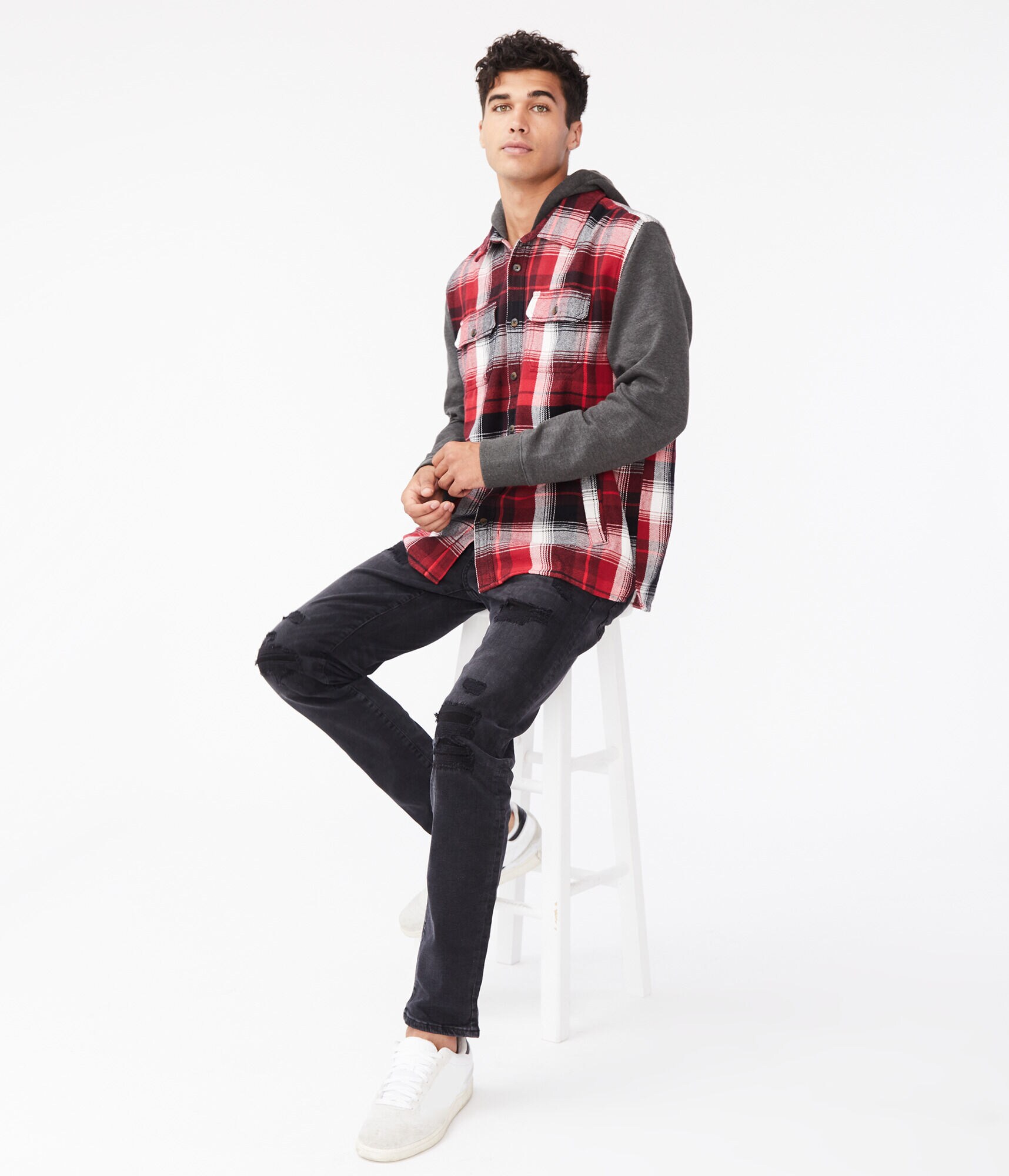 Long Sleeve Hooded Flannel Button-Down Shirt