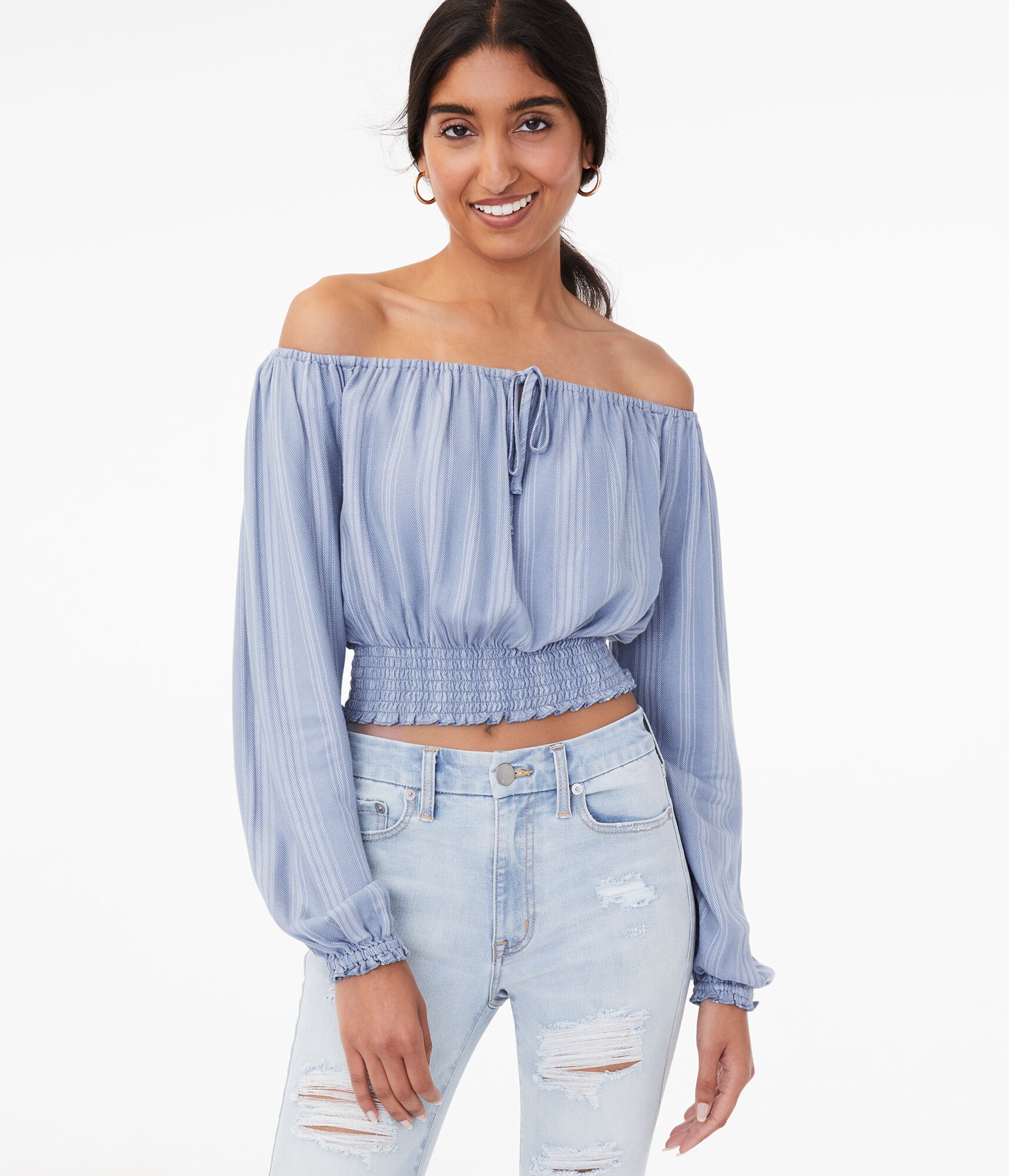 Long Sleeve Striped Off-The-Shoulder Crop Top