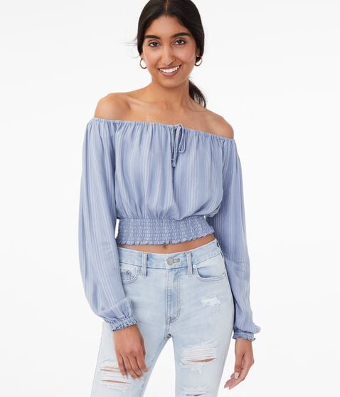 Long Sleeve Striped Off-The-Shoulder Crop Top Long Sleeve Striped Off-The-Shoulder Crop Top