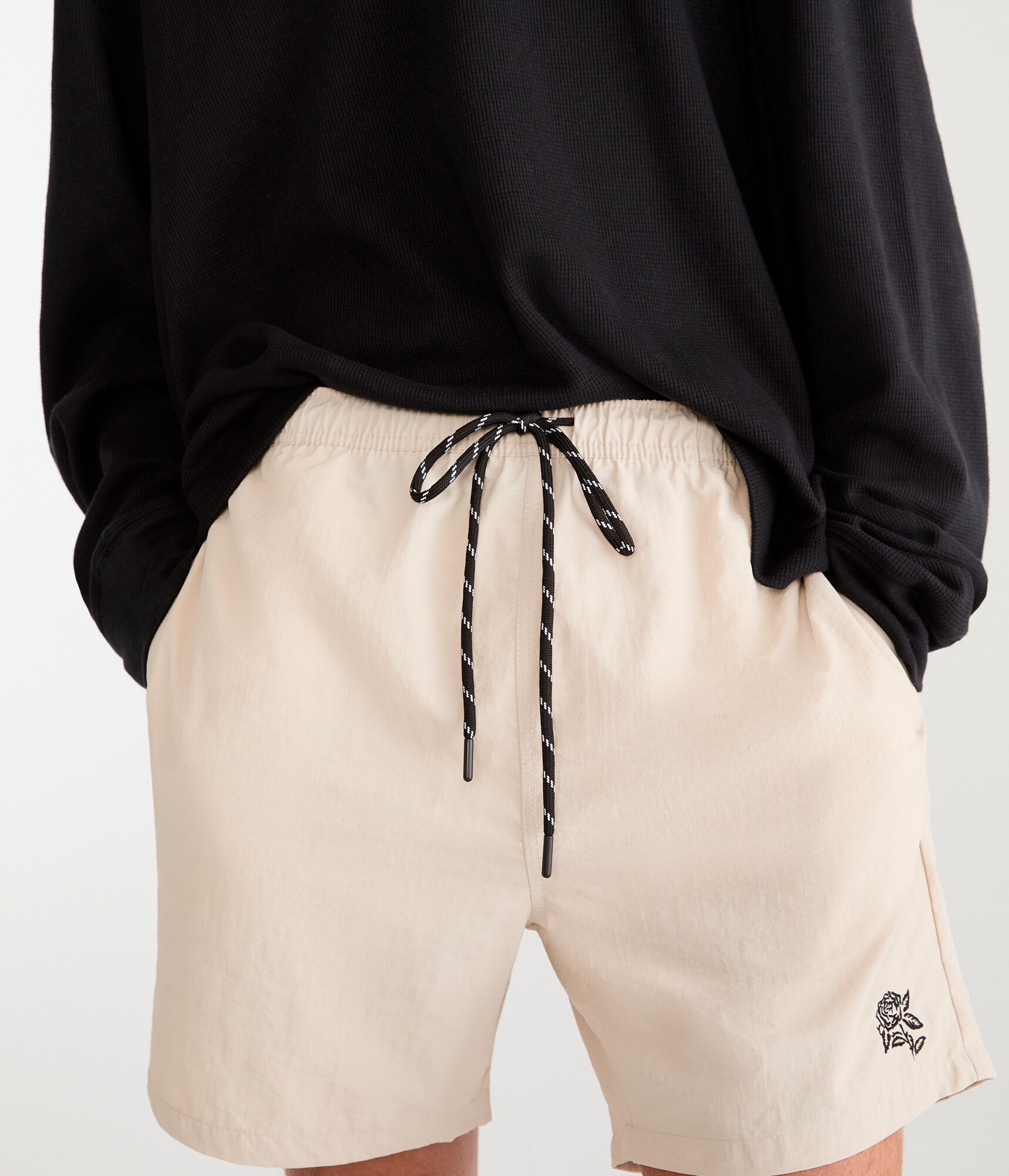 Embroidered Rose Nylon Shorts 6"