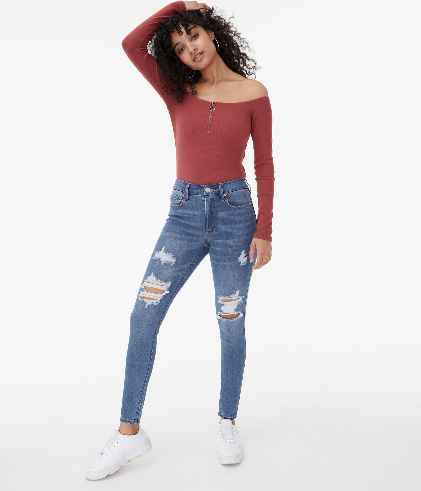 Long Sleeve 1/4-Zip Off-The-Shoulder Bodycon Top***