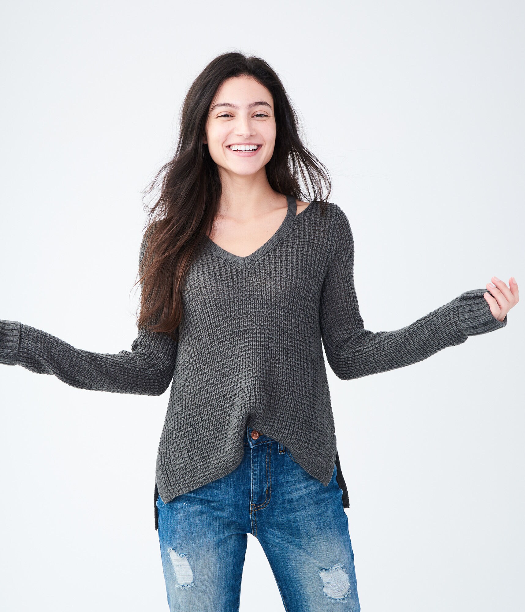 Solid Notch-Shoulder Sweater