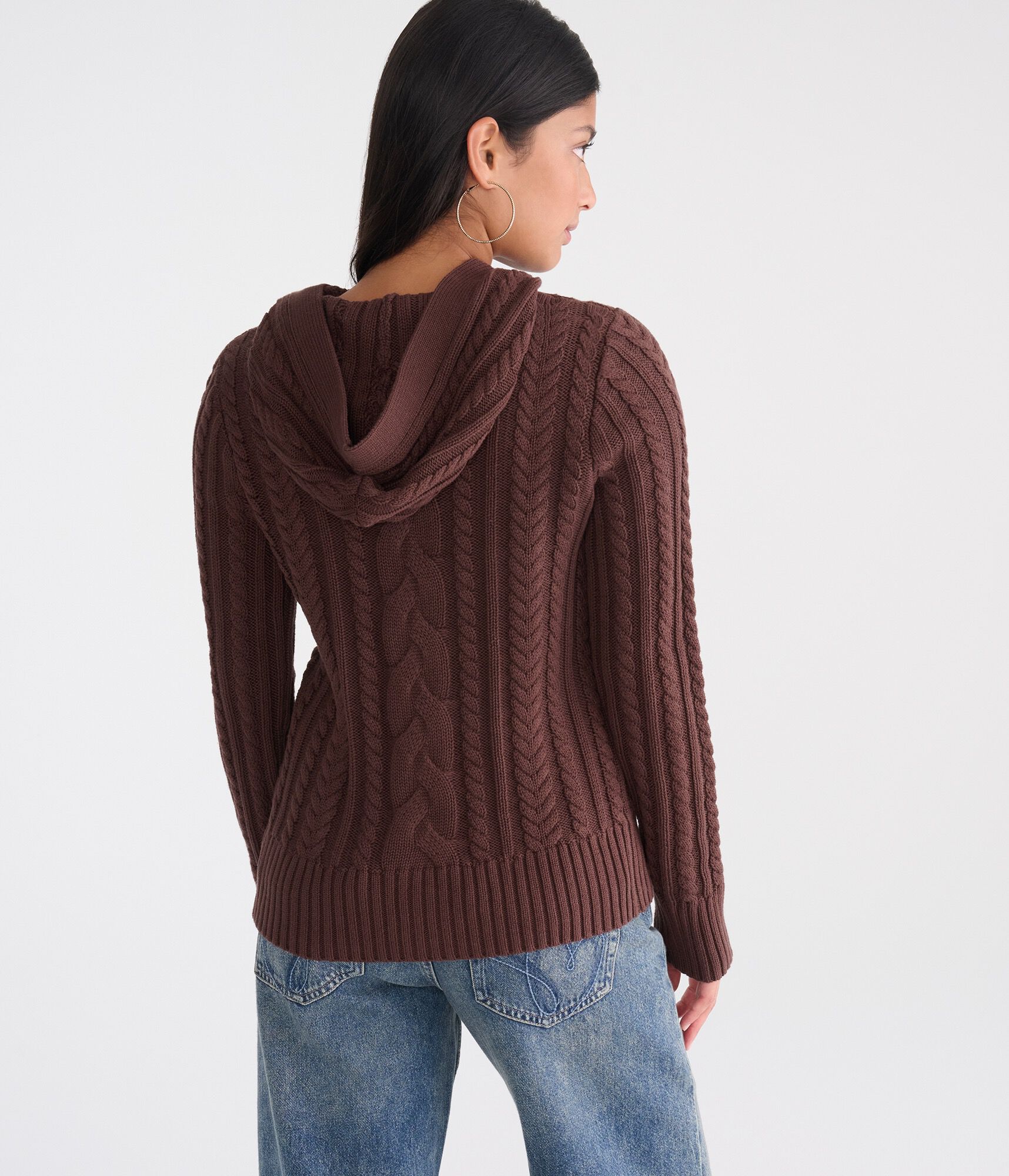 Hooded Button-Front Cable Cardigan