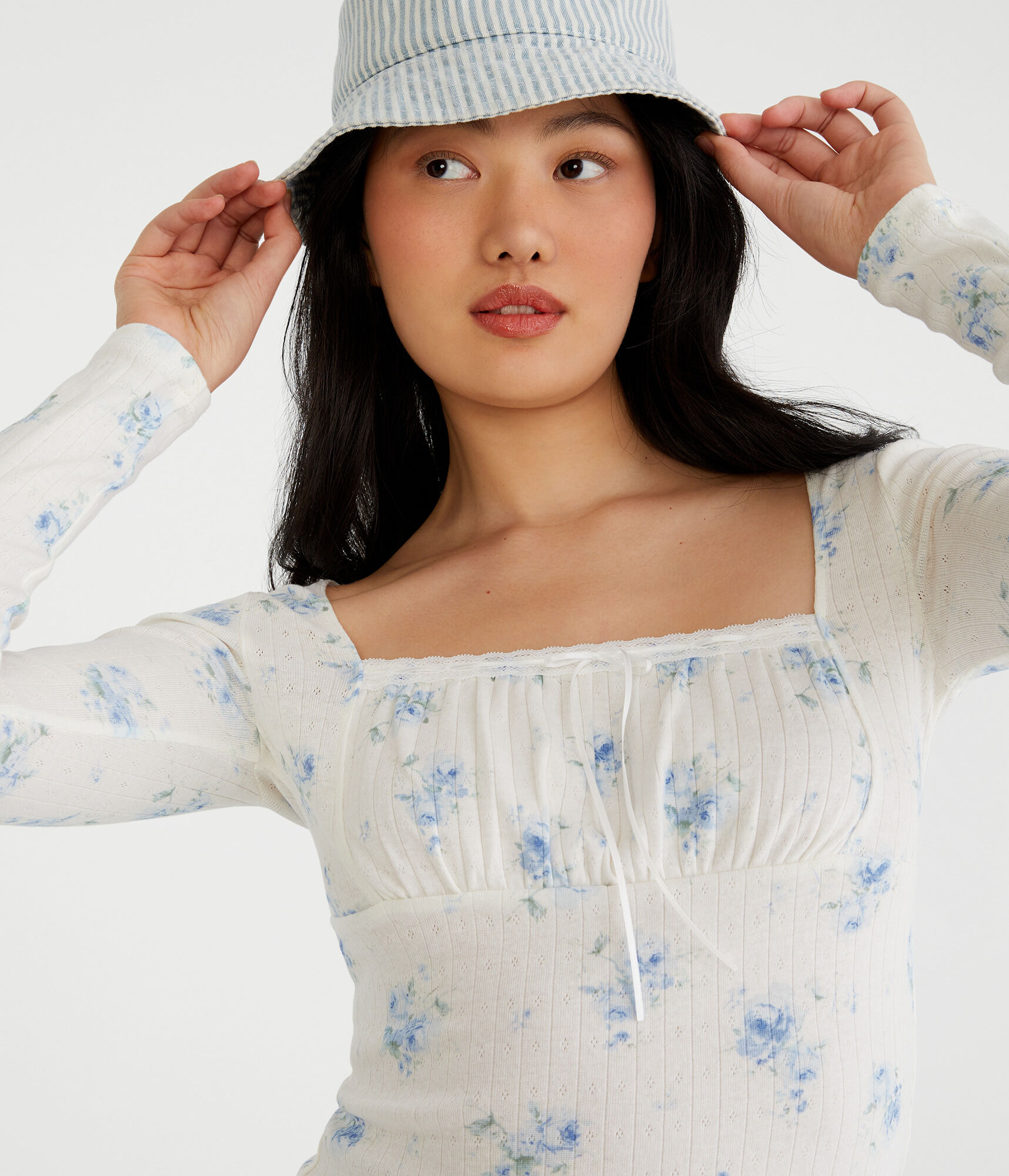 Long Sleeve Floral Ruched Pointelle Top