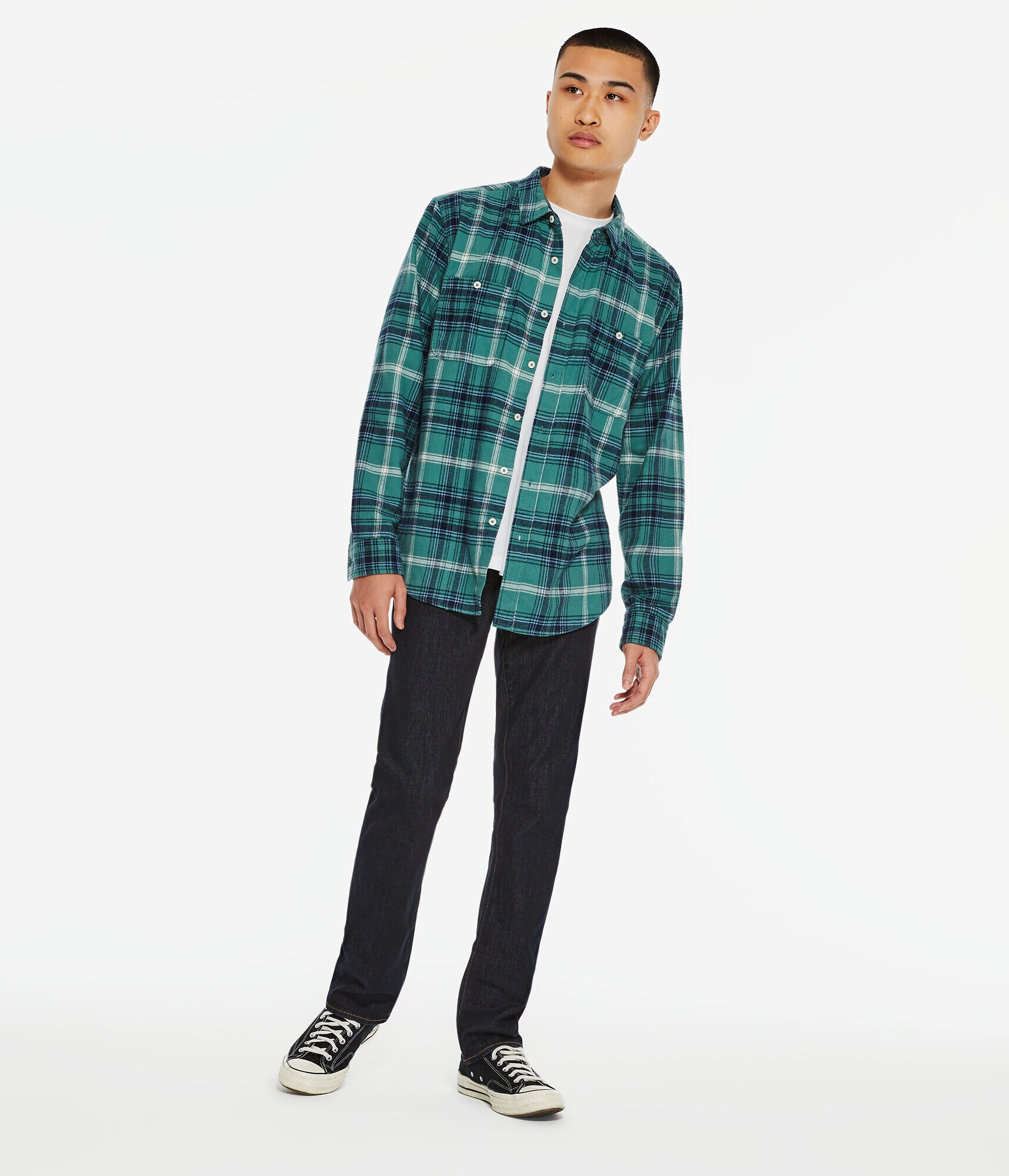 Long Sleeve Relaxed Washed Plaid Flannel Button-Down Shirt