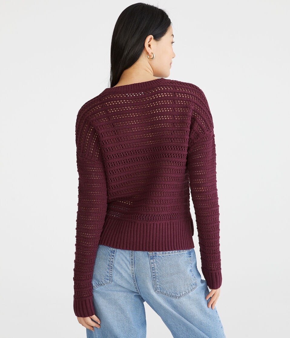 Open Knit High-Low Crew Sweater