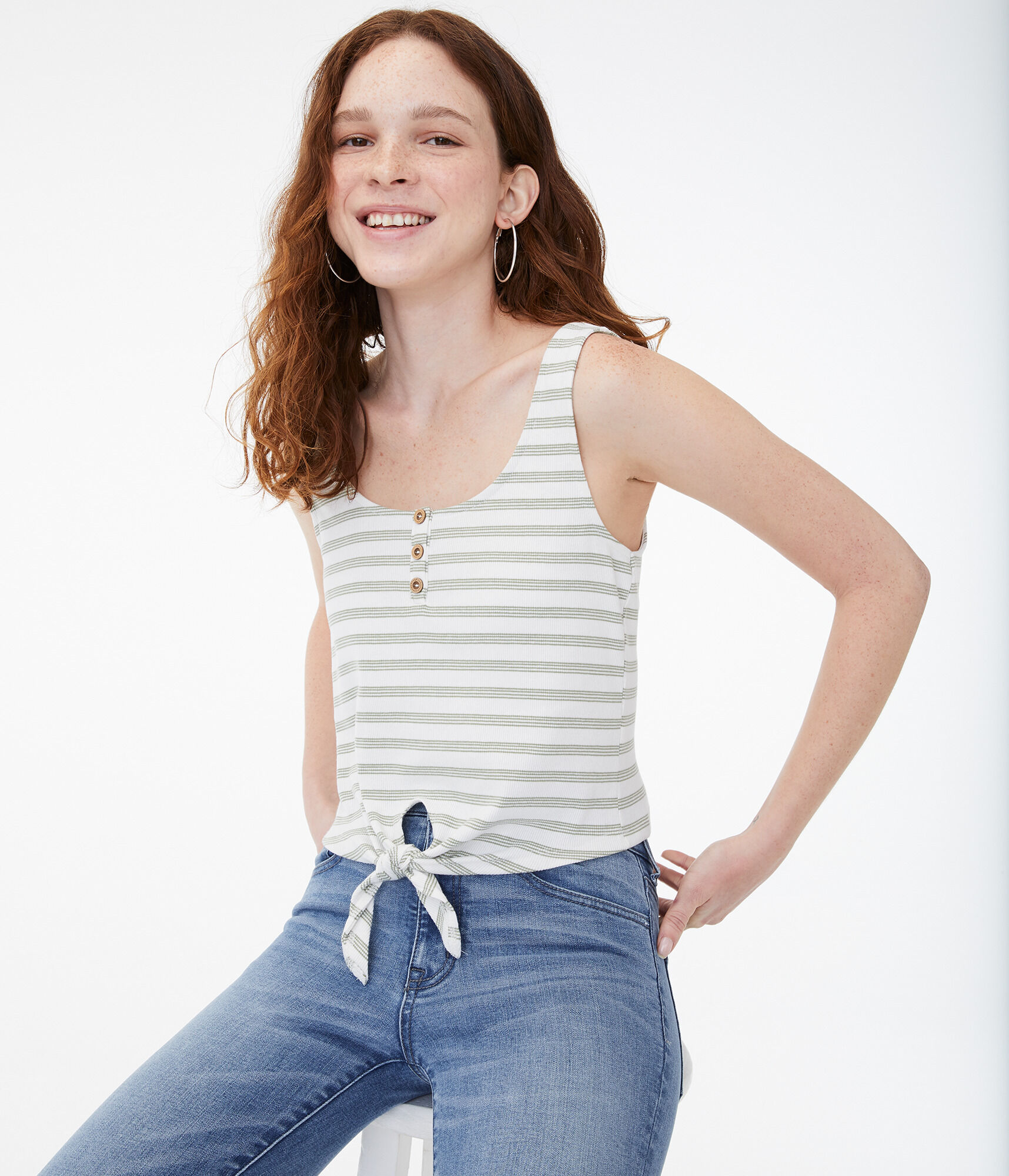 Striped Tie-Front Henley Tank***