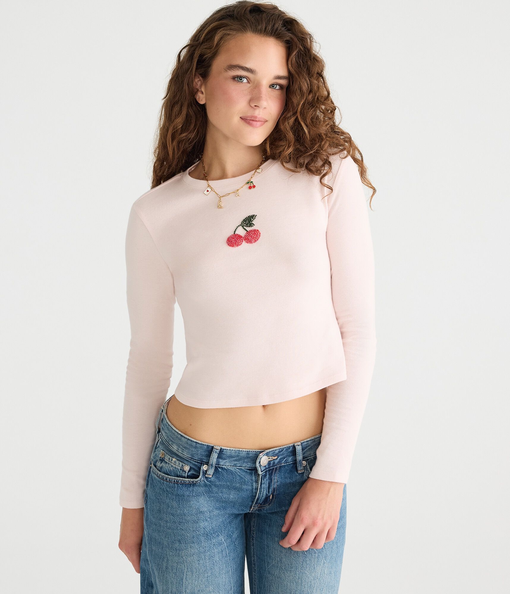 Long Sleeve Beaded Cherries Top