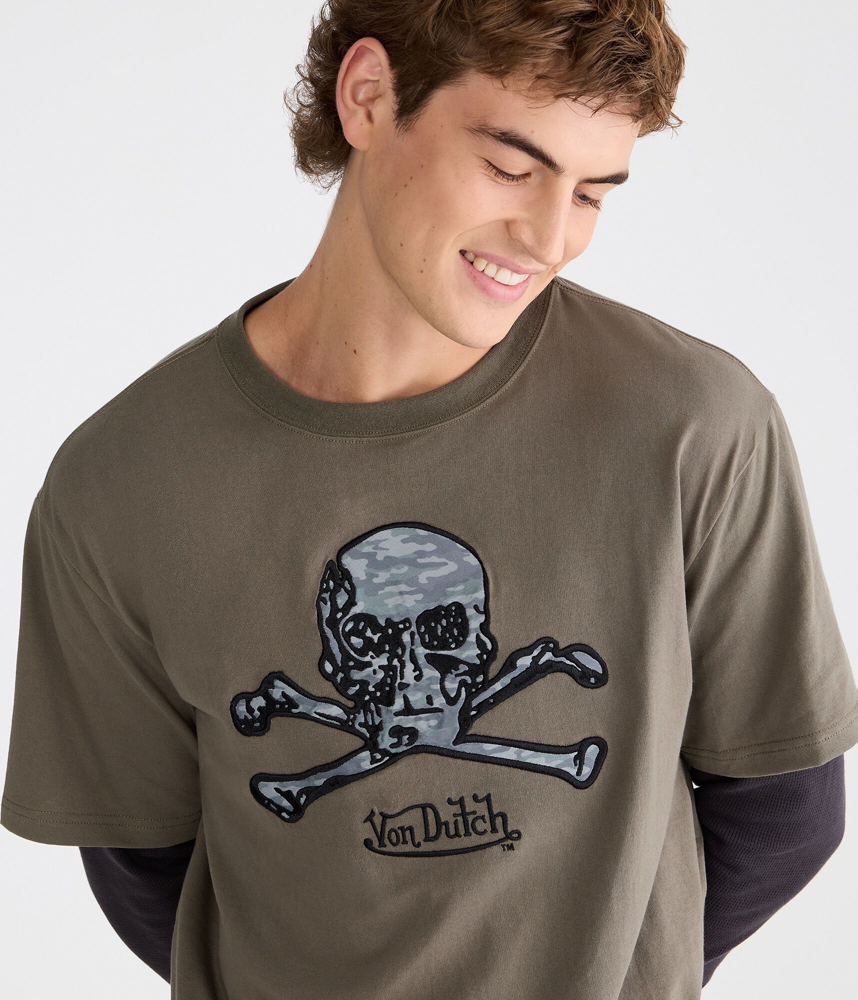 Von Dutch Long Sleeve Camo Skull Boxy 2Fer Tee