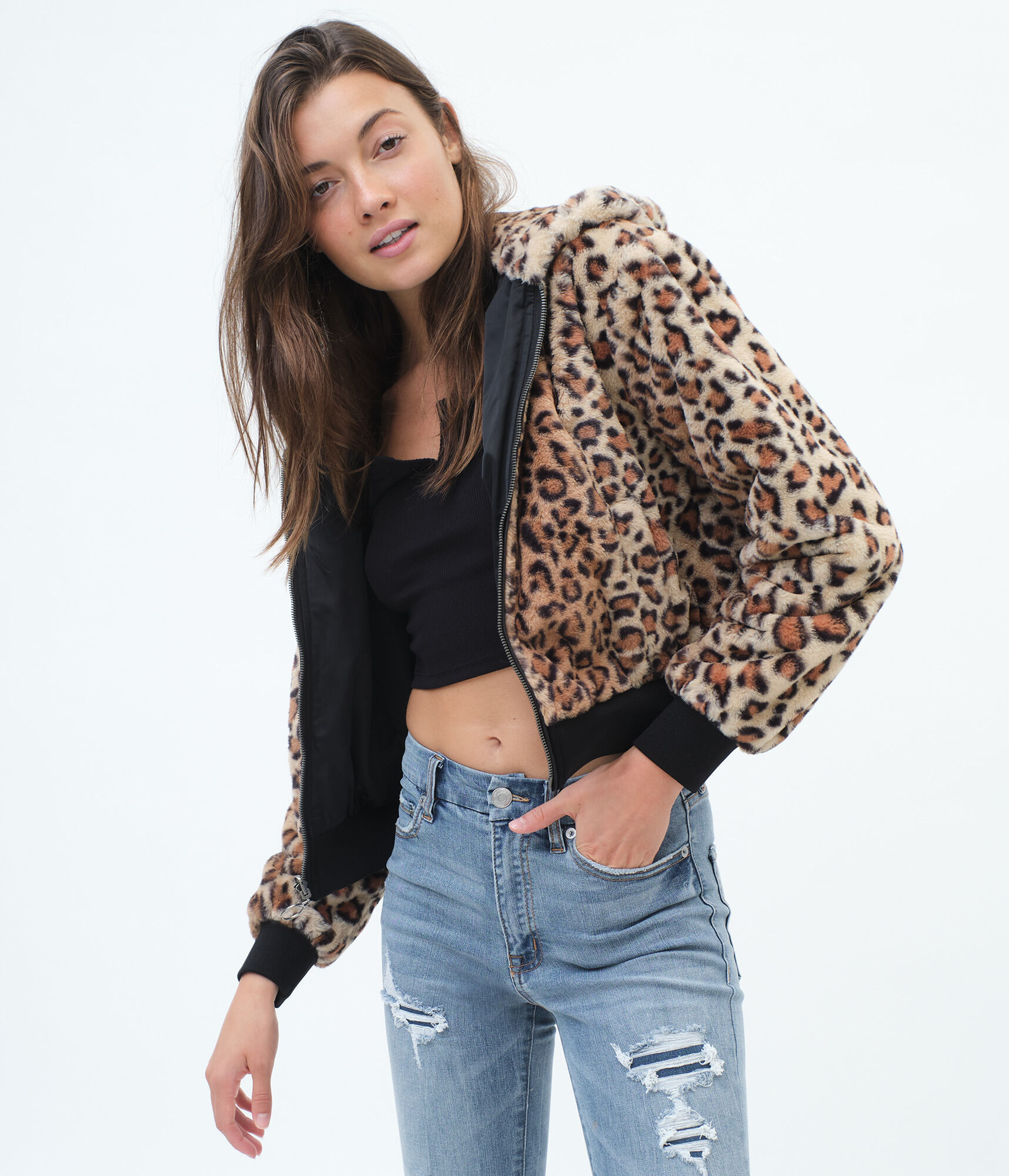 Reversible Woven & Leopard Faux Fur Hooded Jacket