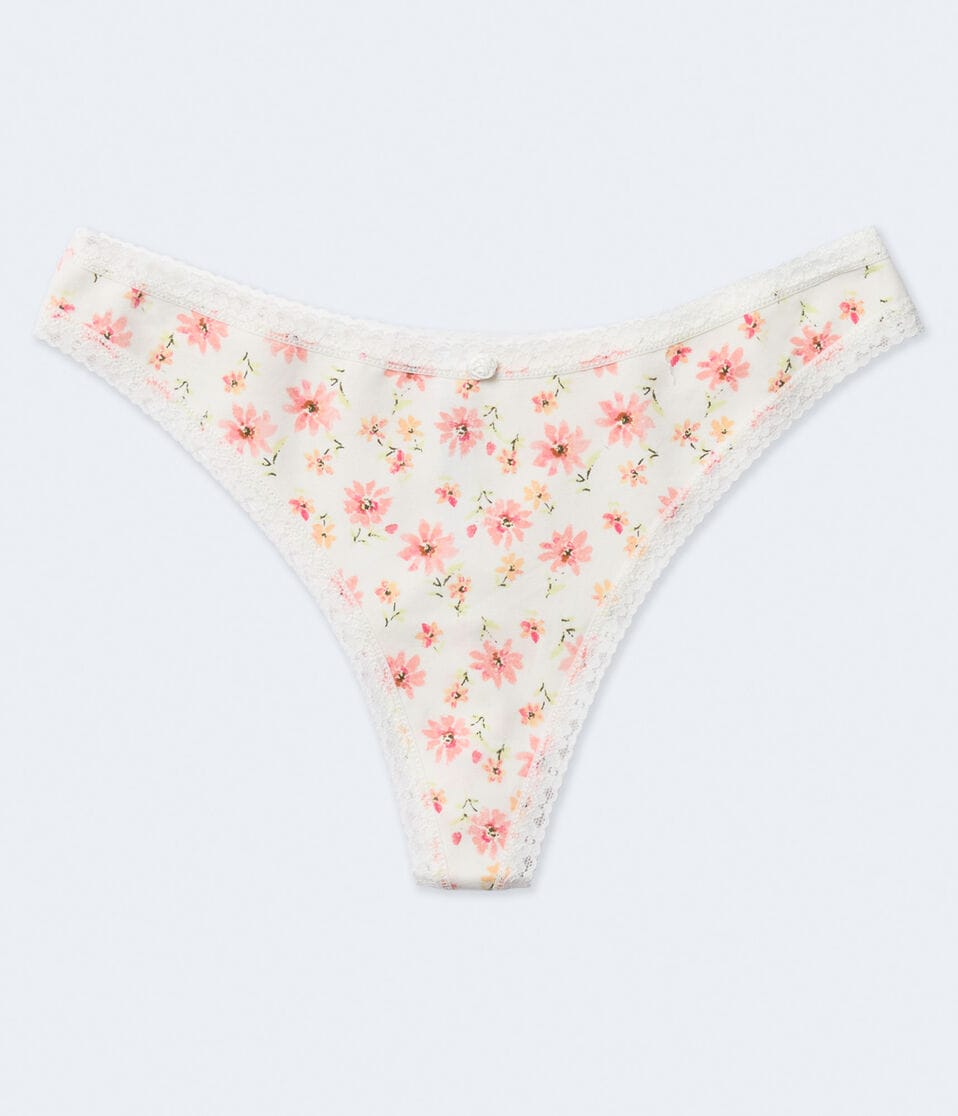 Floral Lace-Trim Thong