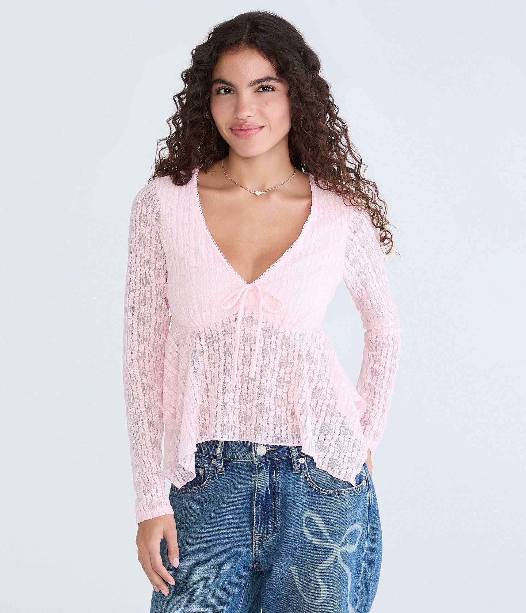 Long Sleeve Textured Cropped V-Neck Babydoll Top