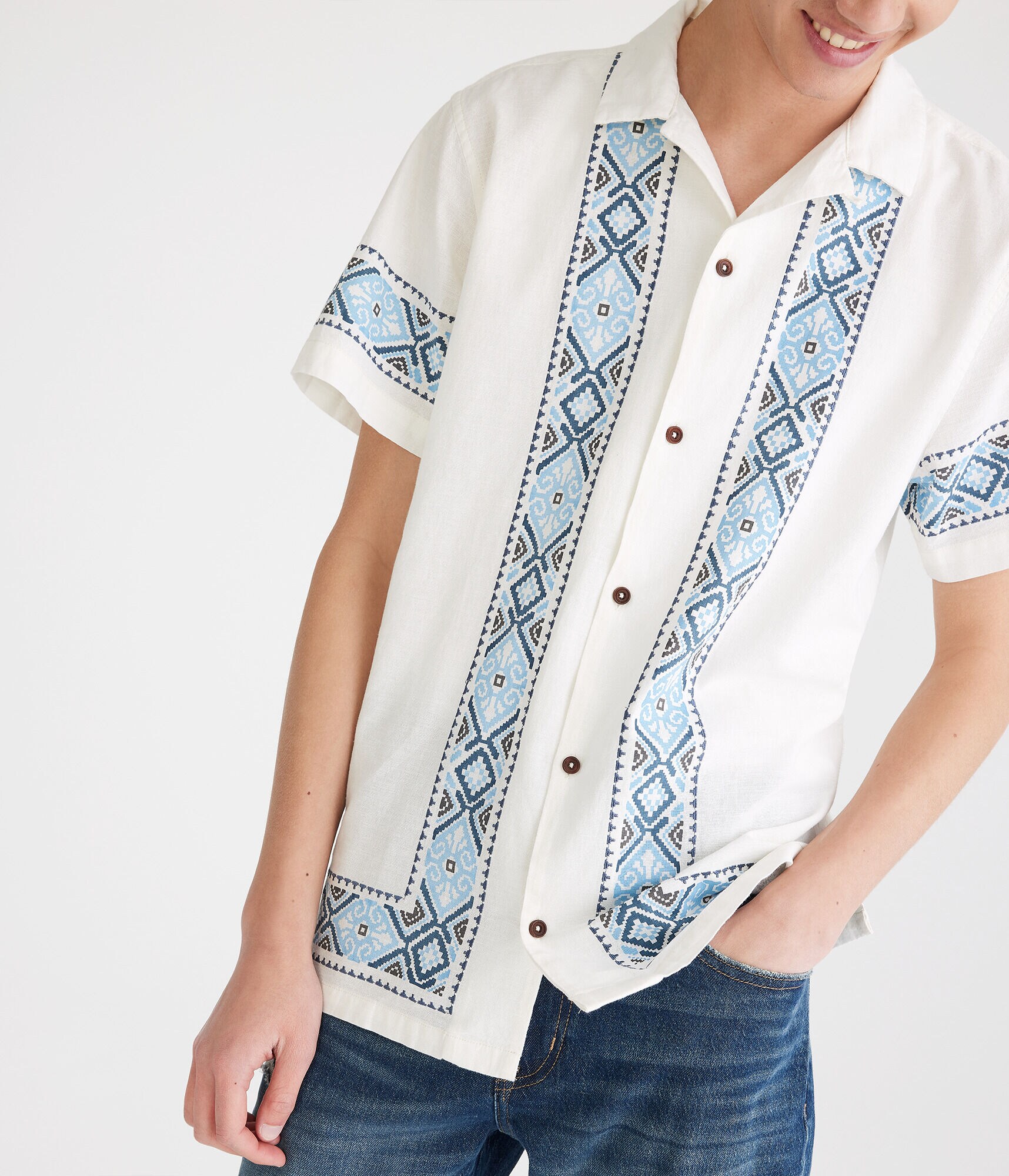 Geometric Border Print Camp Shirt