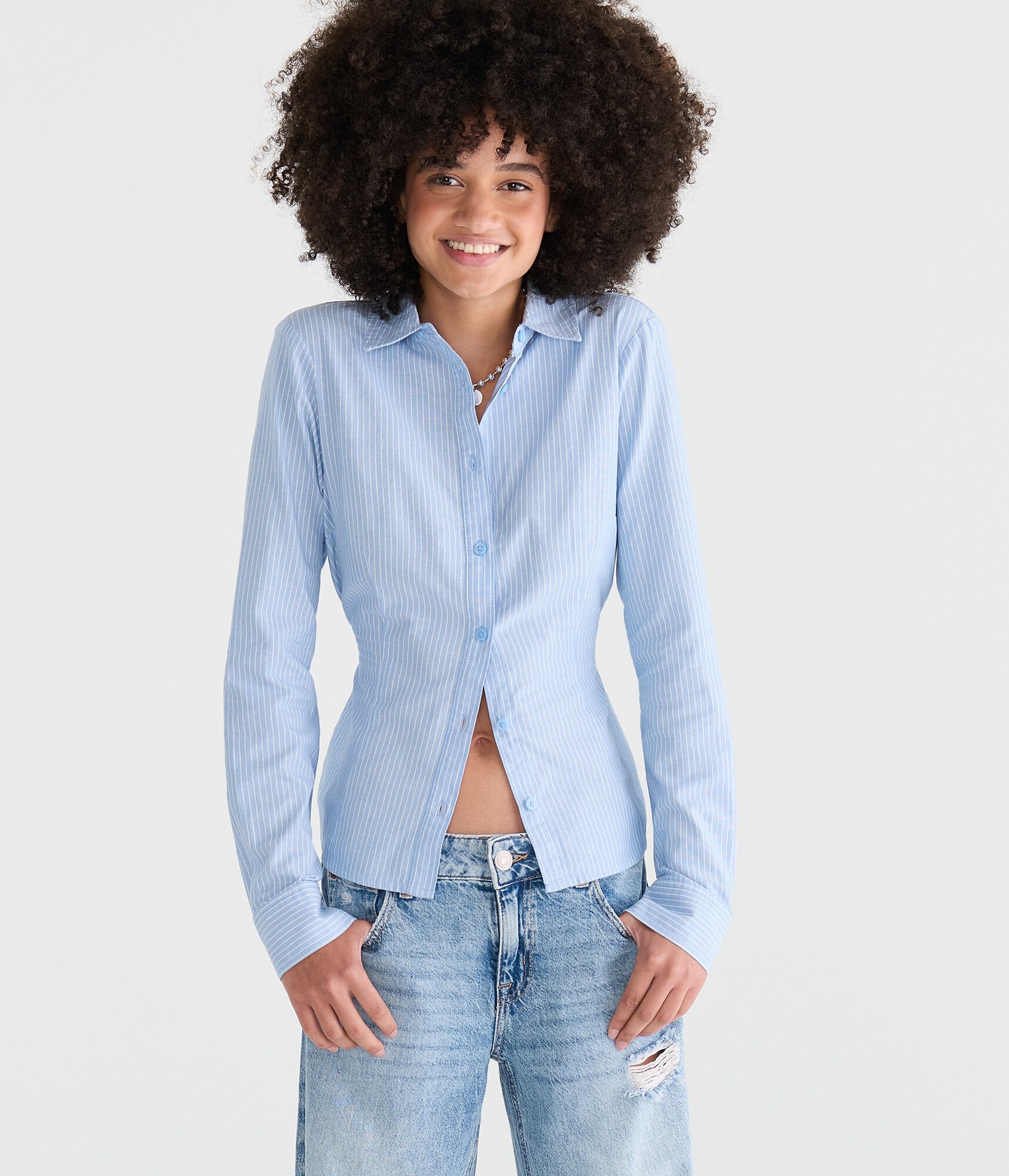 Long Sleeve Striped Tie-Back Fitted Shirt