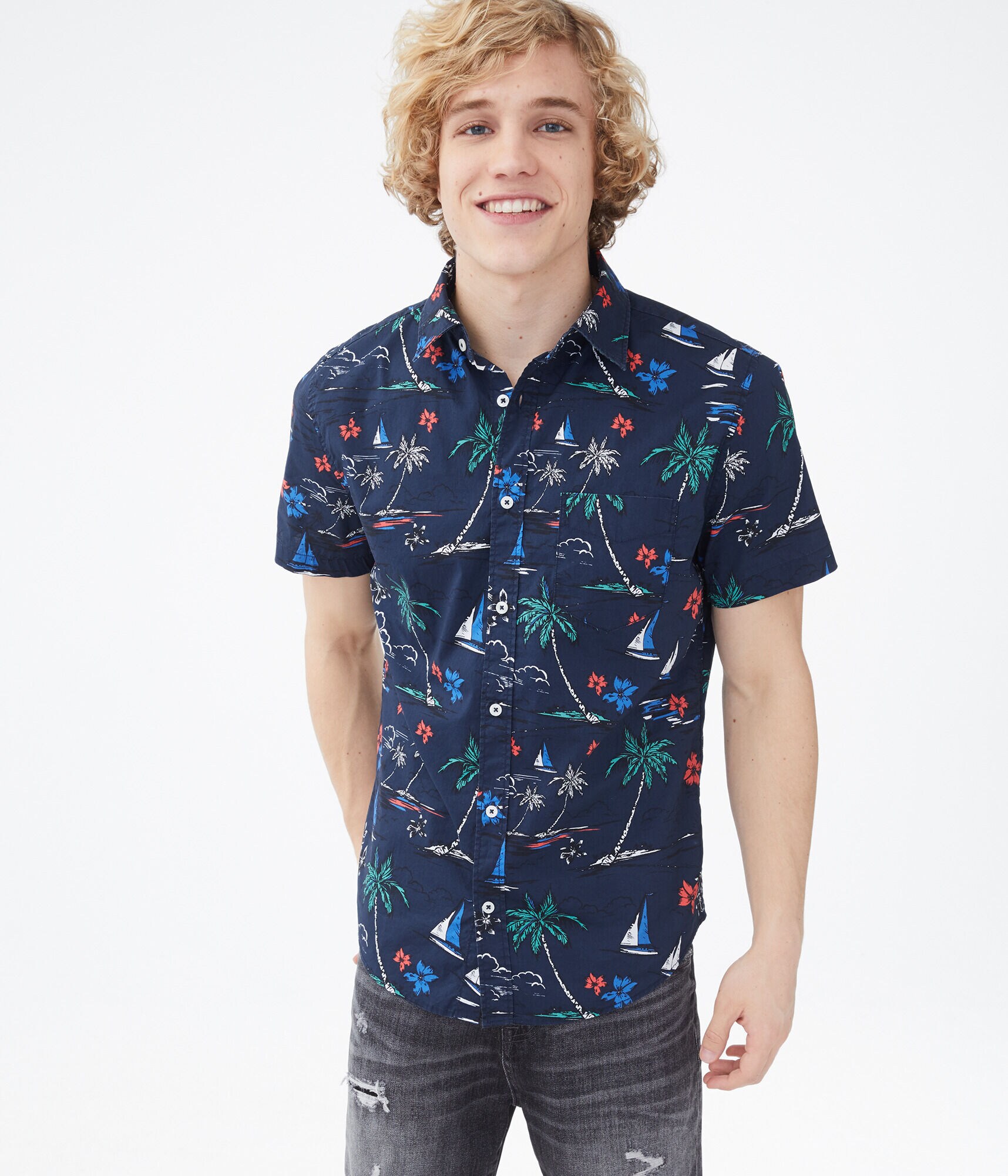 Tropical Sailboat Button-Down Shirt