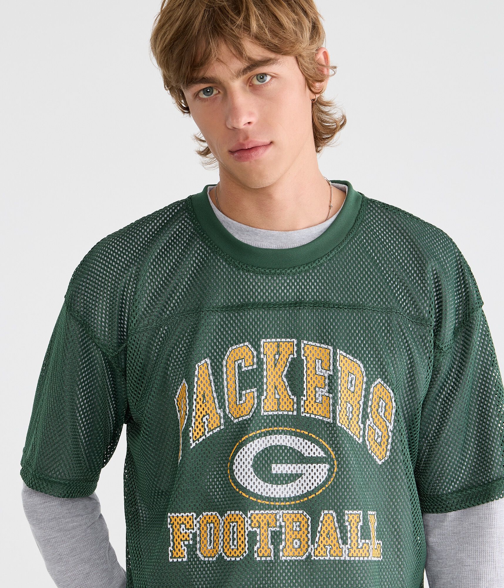 Long Sleeve Green Bay Packers Football Boxy Mesh 2Fer Top
