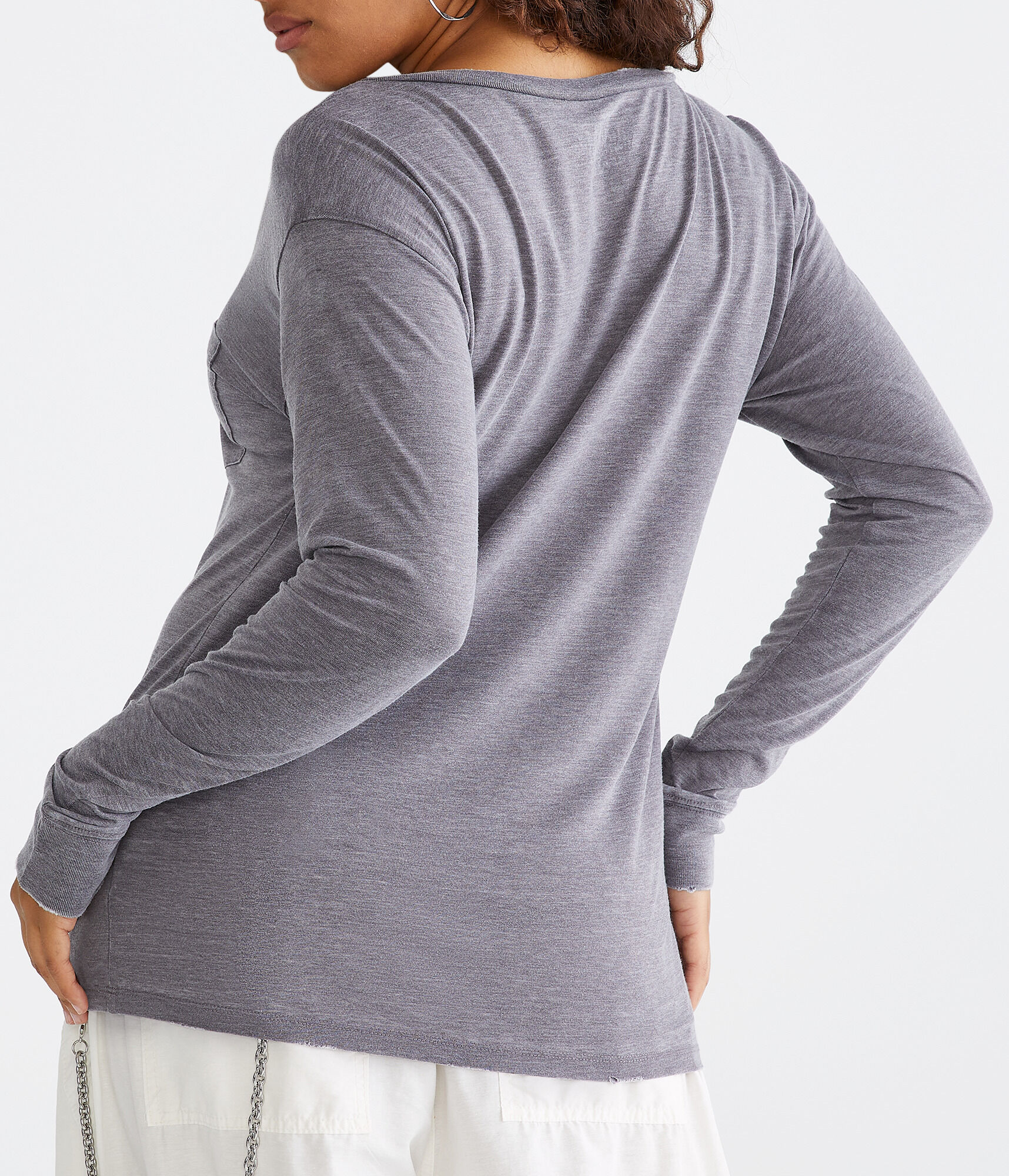 Long Sleeve Washed Loose Fit V-Neck Pocket Tee