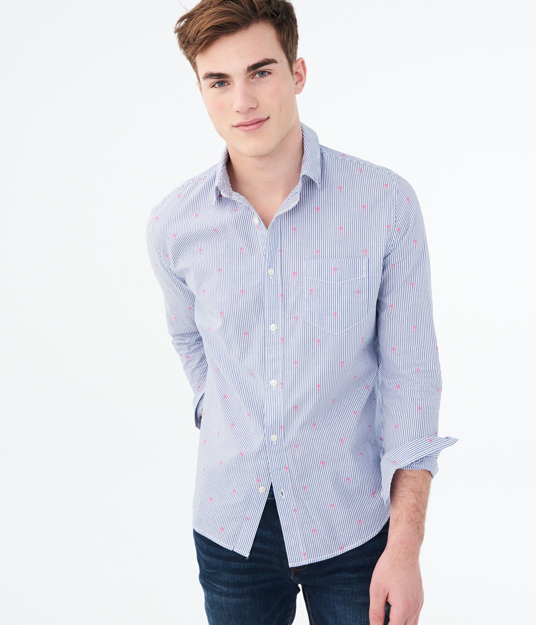 Long Sleeve Palm Tree Striped Woven Shirt