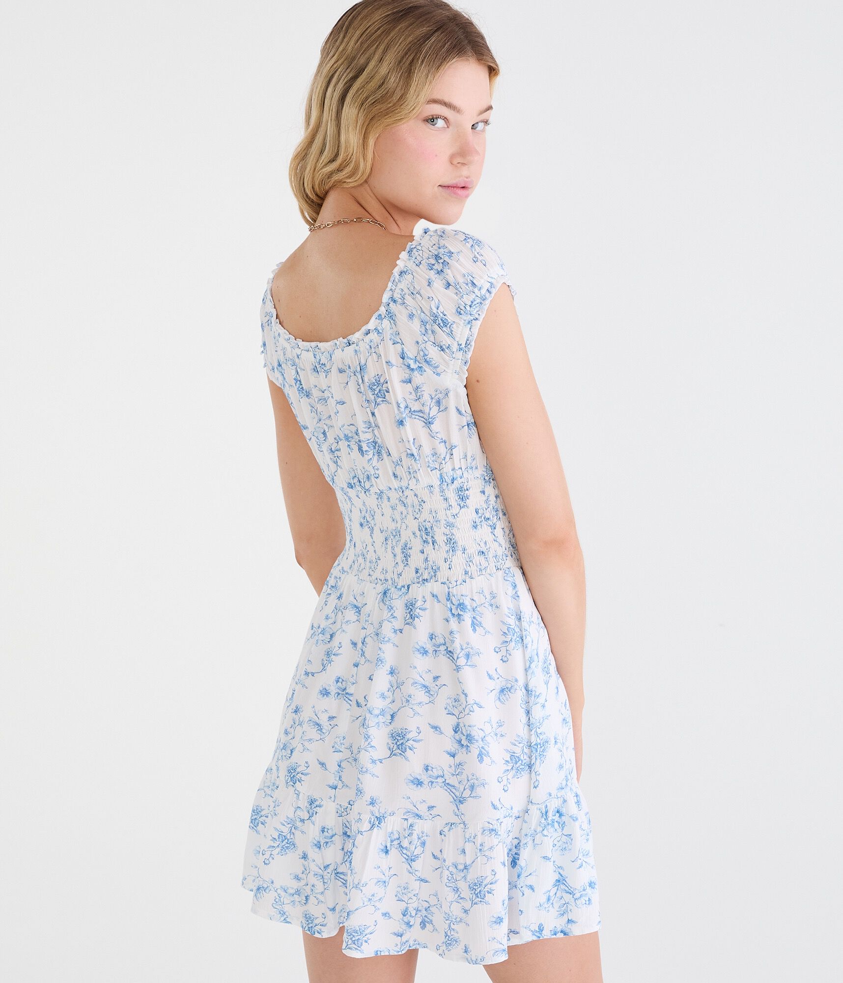 Floral Square-Neck Smocked Fit &amp; Flare Mini Dress