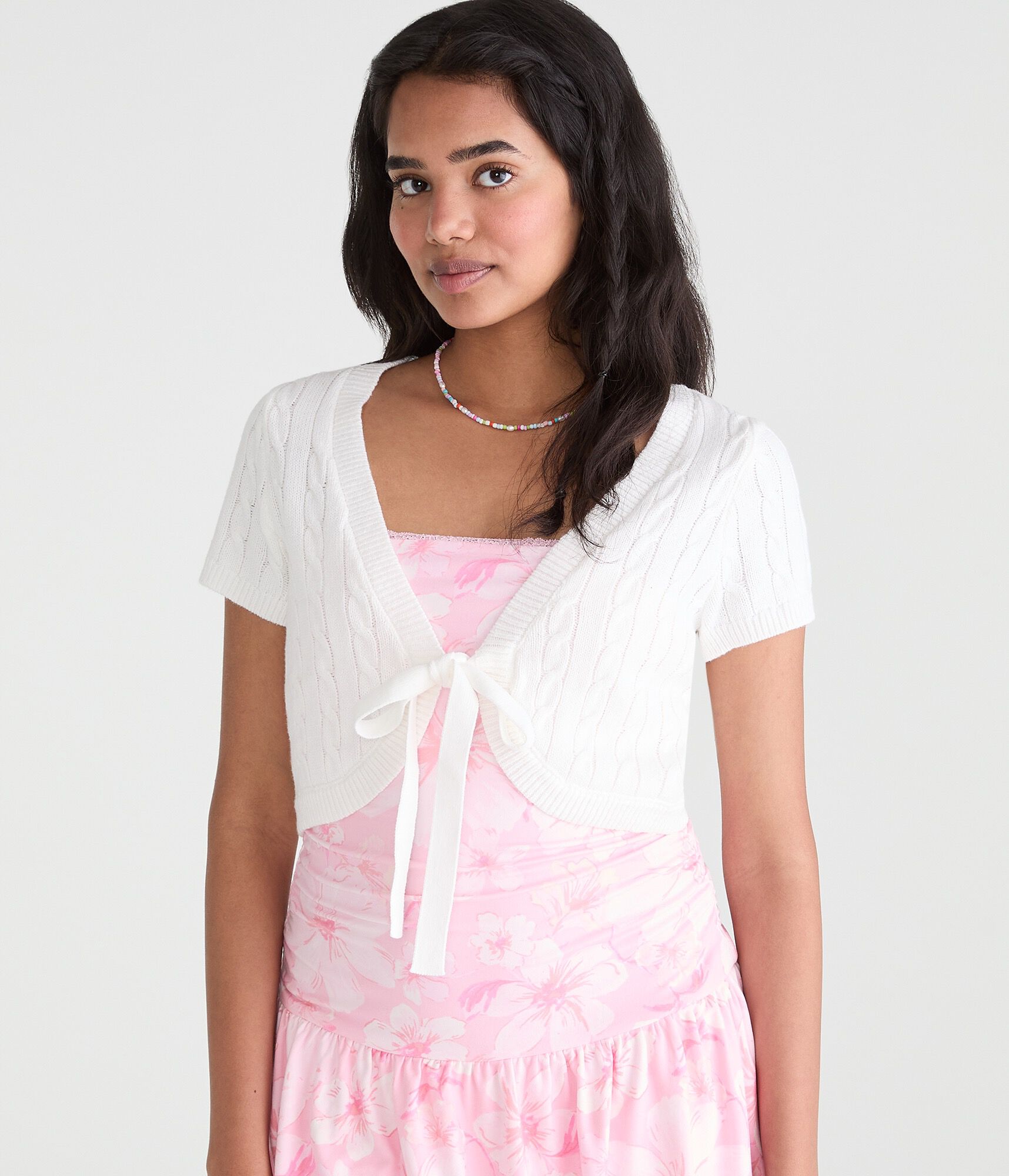 Short Sleeve Tie-Front Sweater Shrug