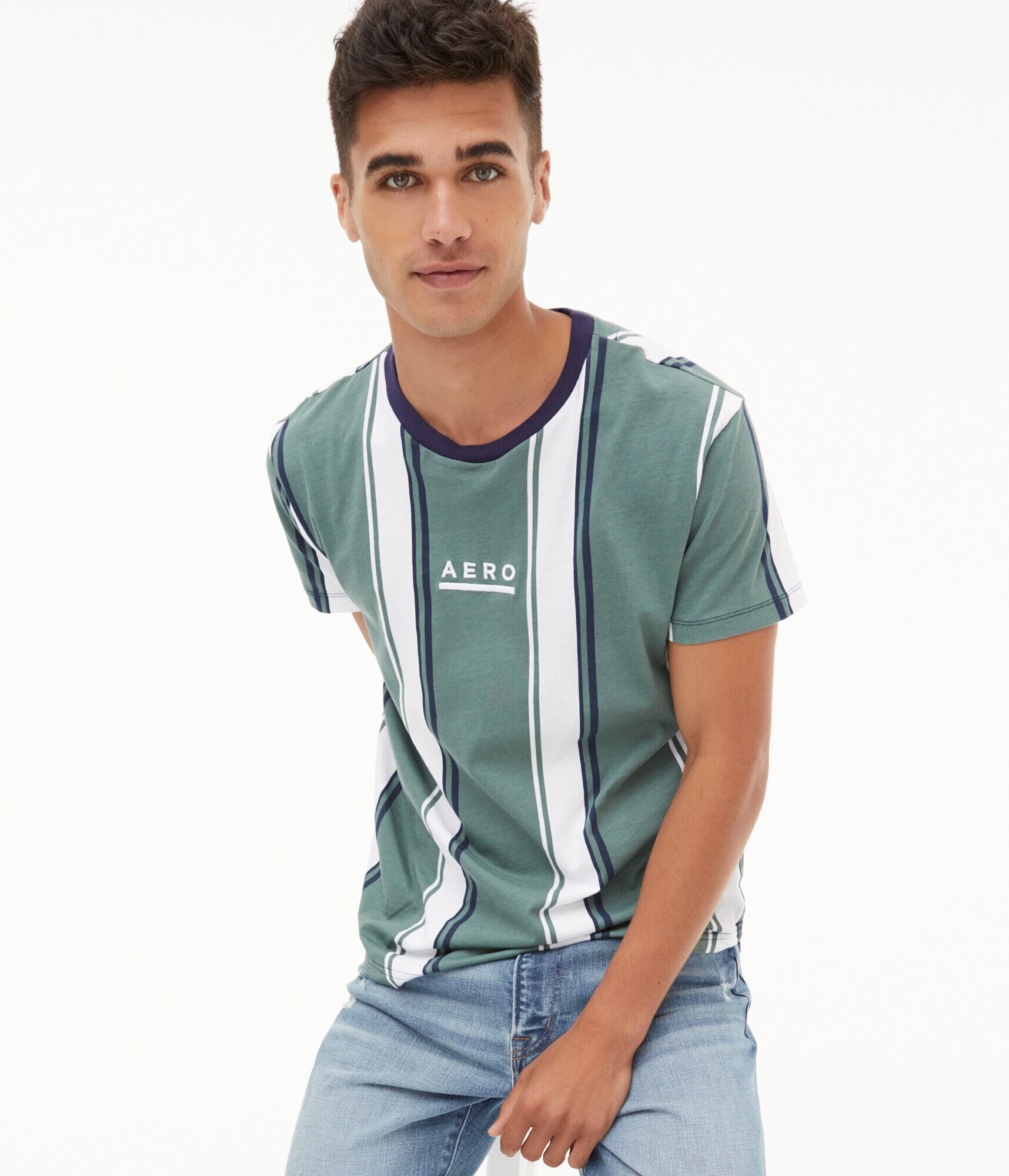 Aero Vertical Stripe Curved Hem Graphic Tee