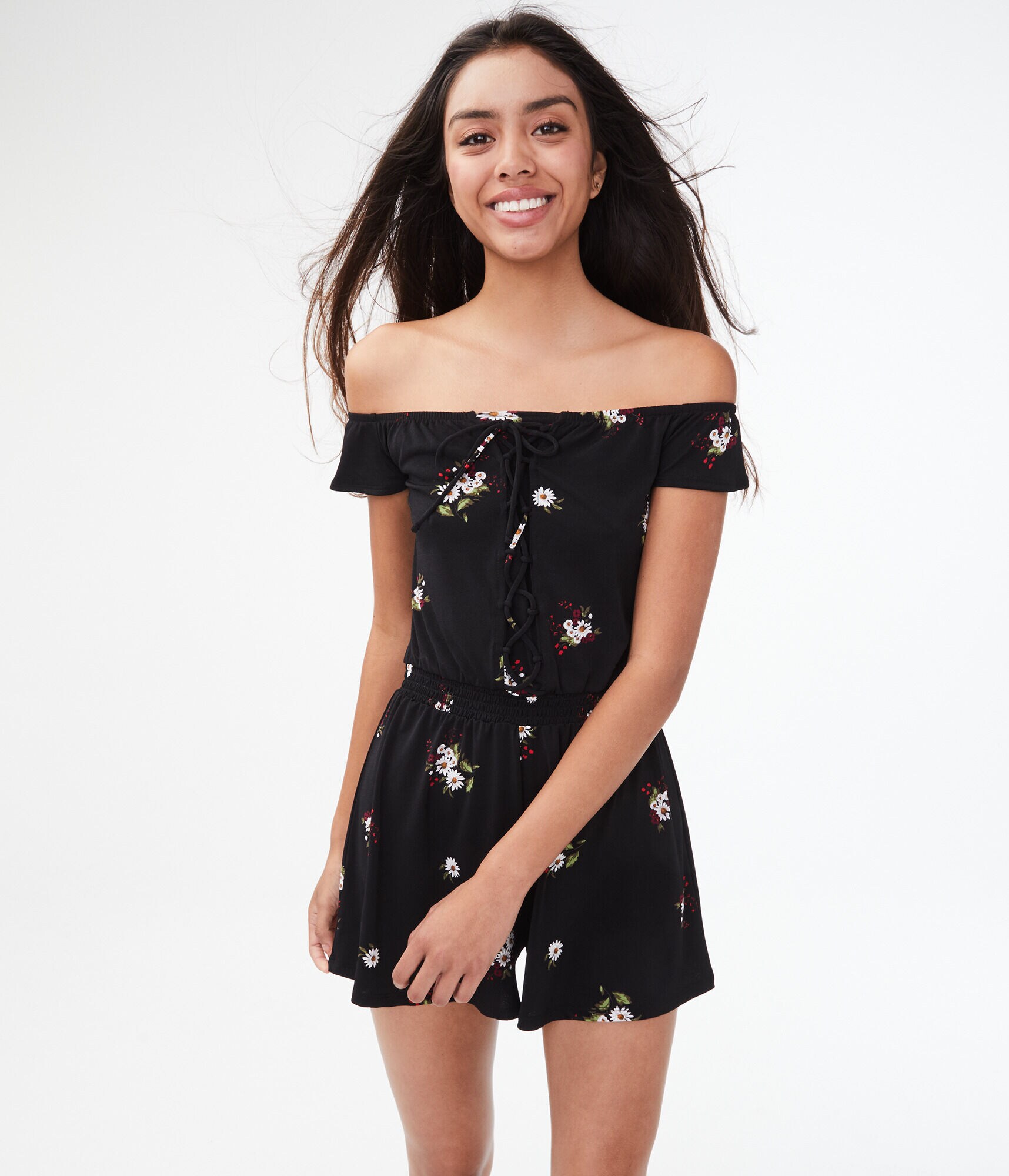 Floral Lace-Up Off-The-Shoulder Romper