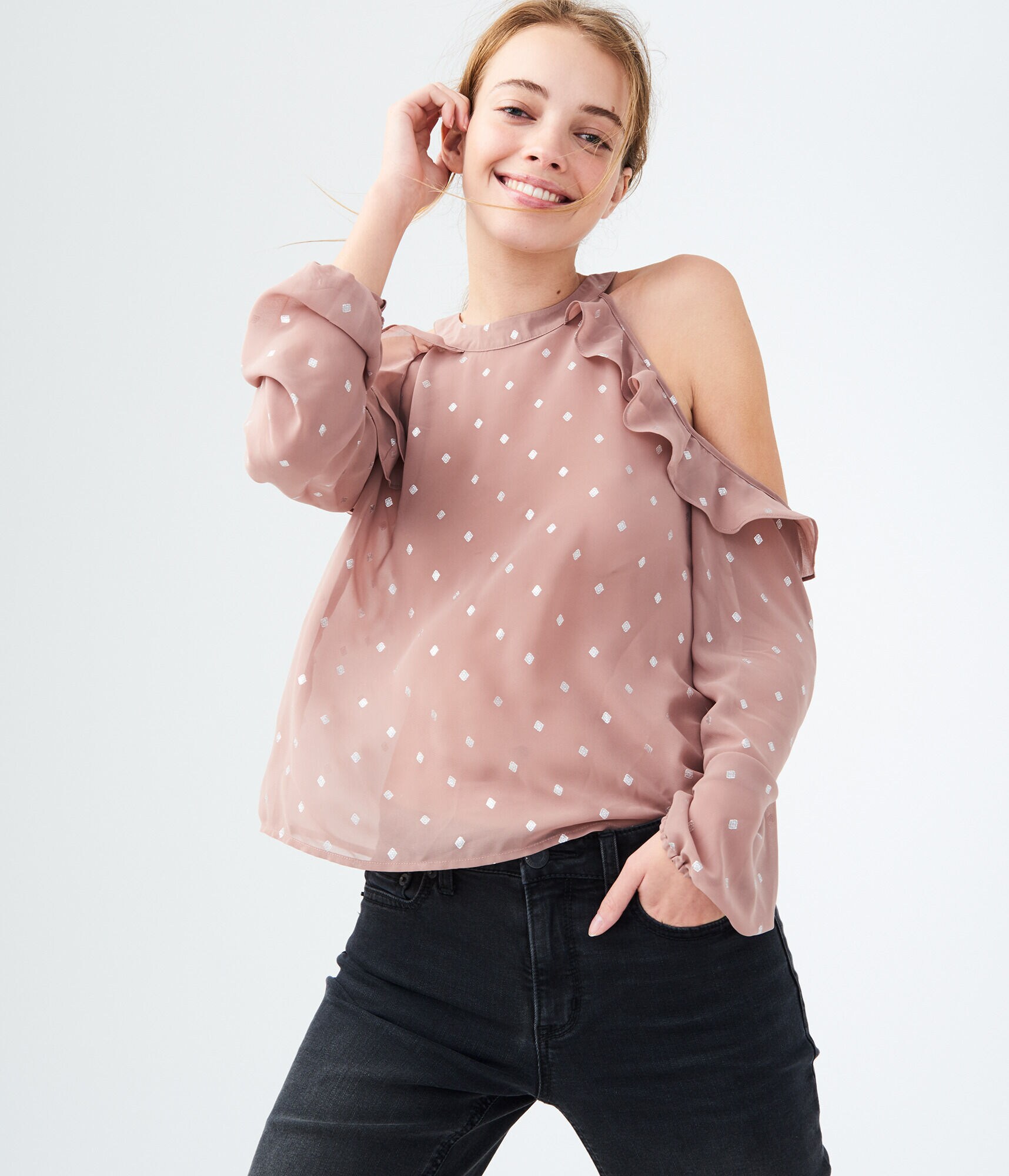 Long Sleeve Sheer Diamond Ruffle Cold-Shoulder Top