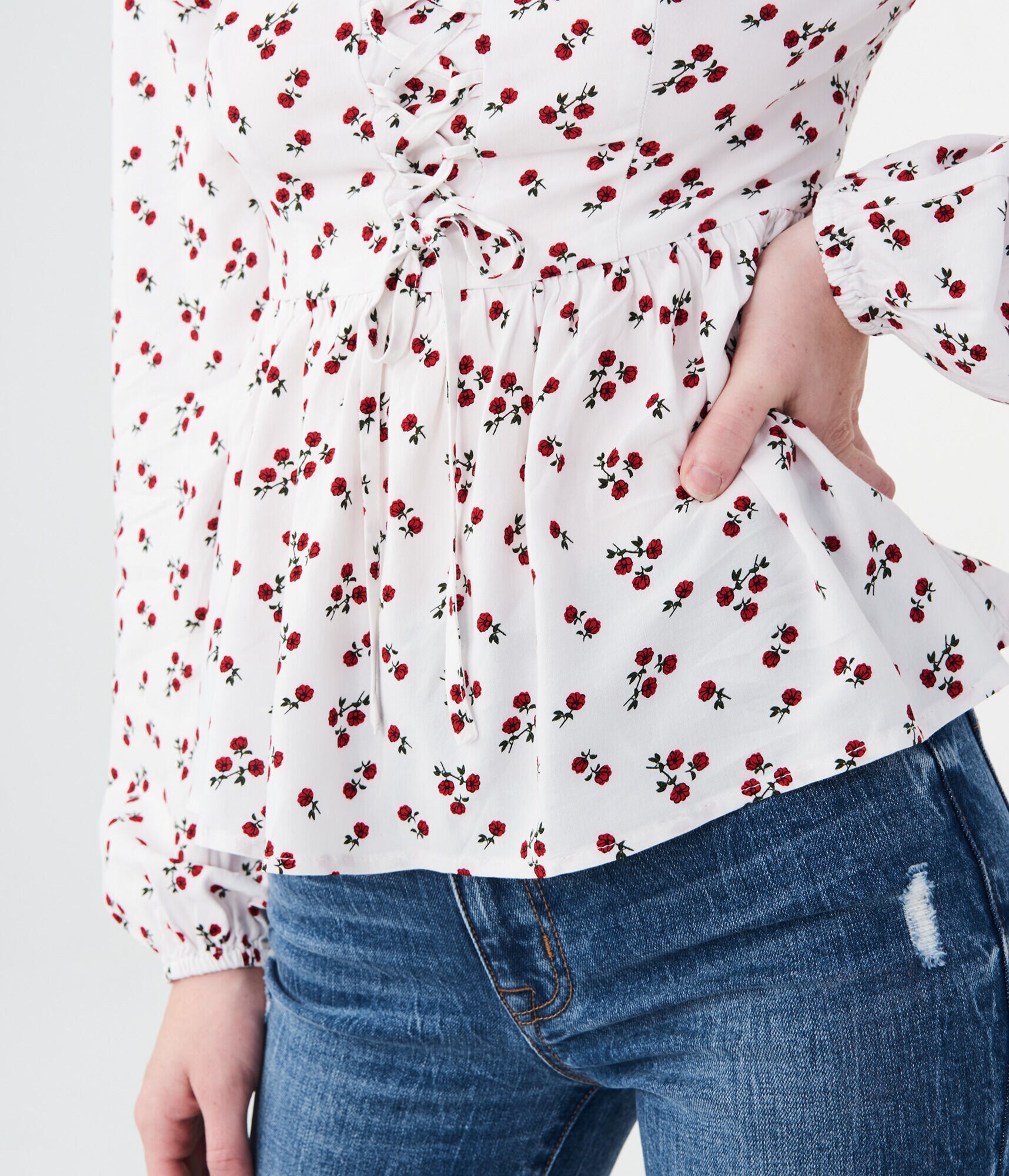 Long Sleeve Floral Lace-Up Woven Top