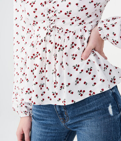 Long Sleeve Floral Lace-Up Woven Top Long Sleeve Floral Lace-Up Woven Top