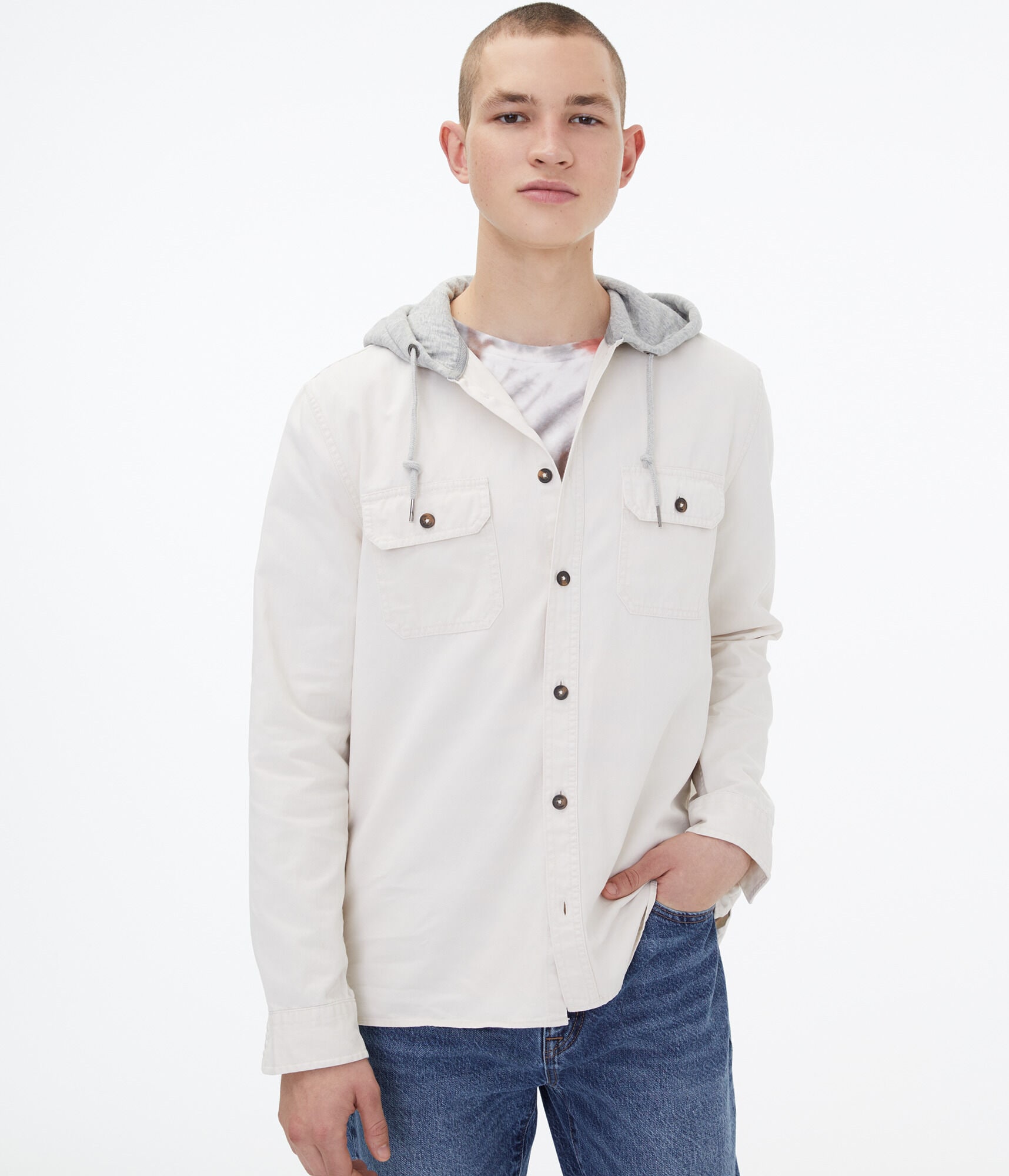 Long Sleeve Hooded Twill Button-Down Shirt