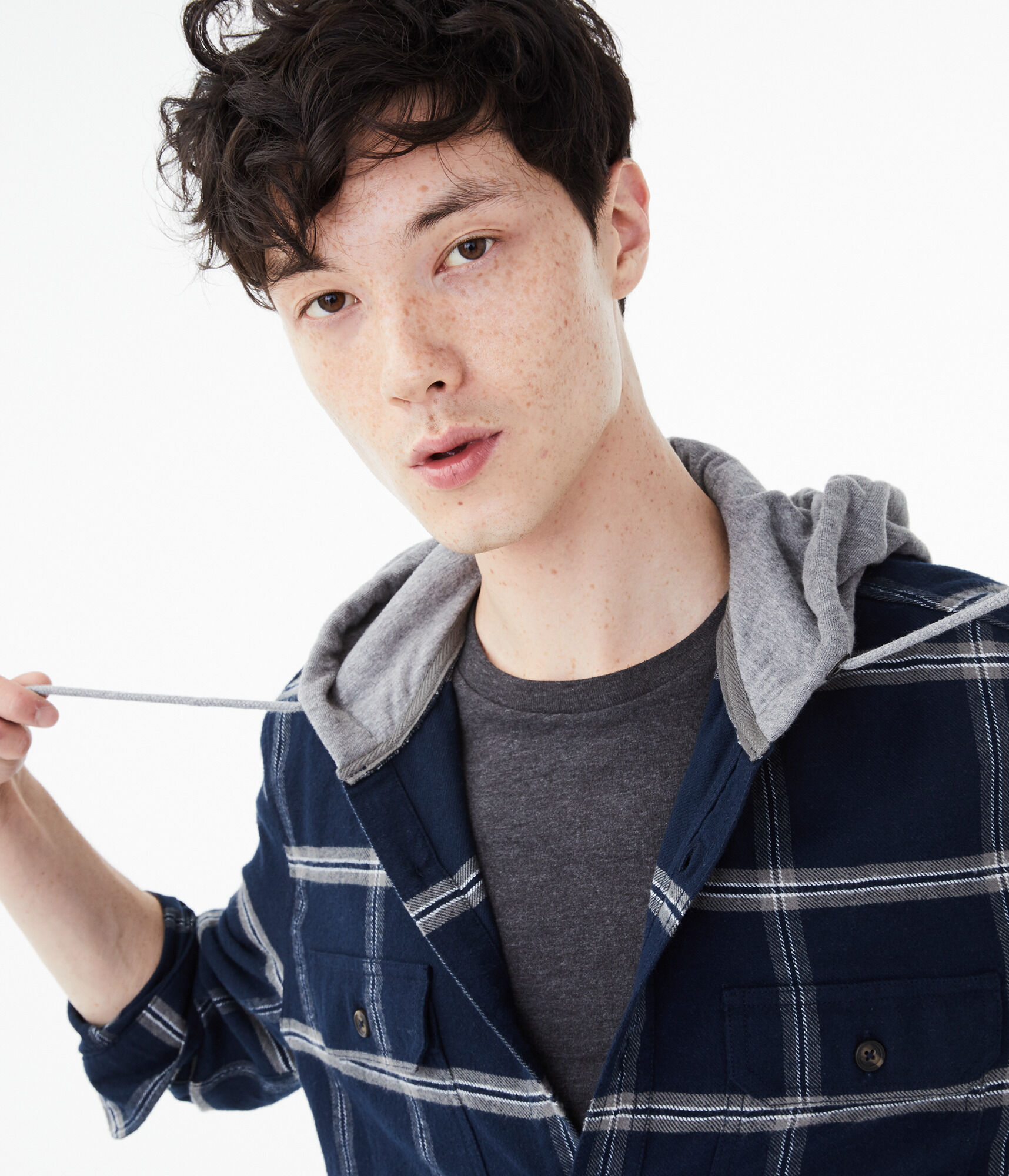Long Sleeve Windowpane Hooded Button-Down Shirt