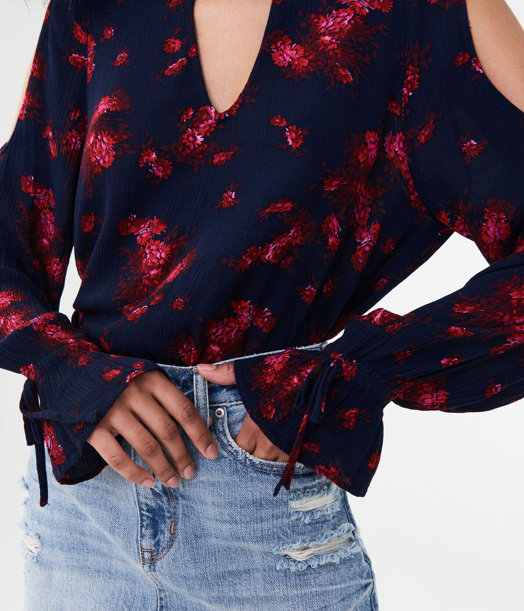 Long Sleeve Floral Cold-Shoulder Top