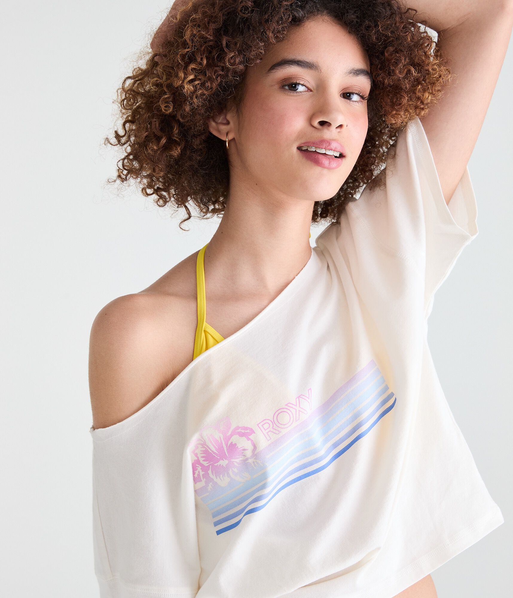 Roxy Hibiscus Stripes Off-The-Shoulder Boyfriend Graphic Tee