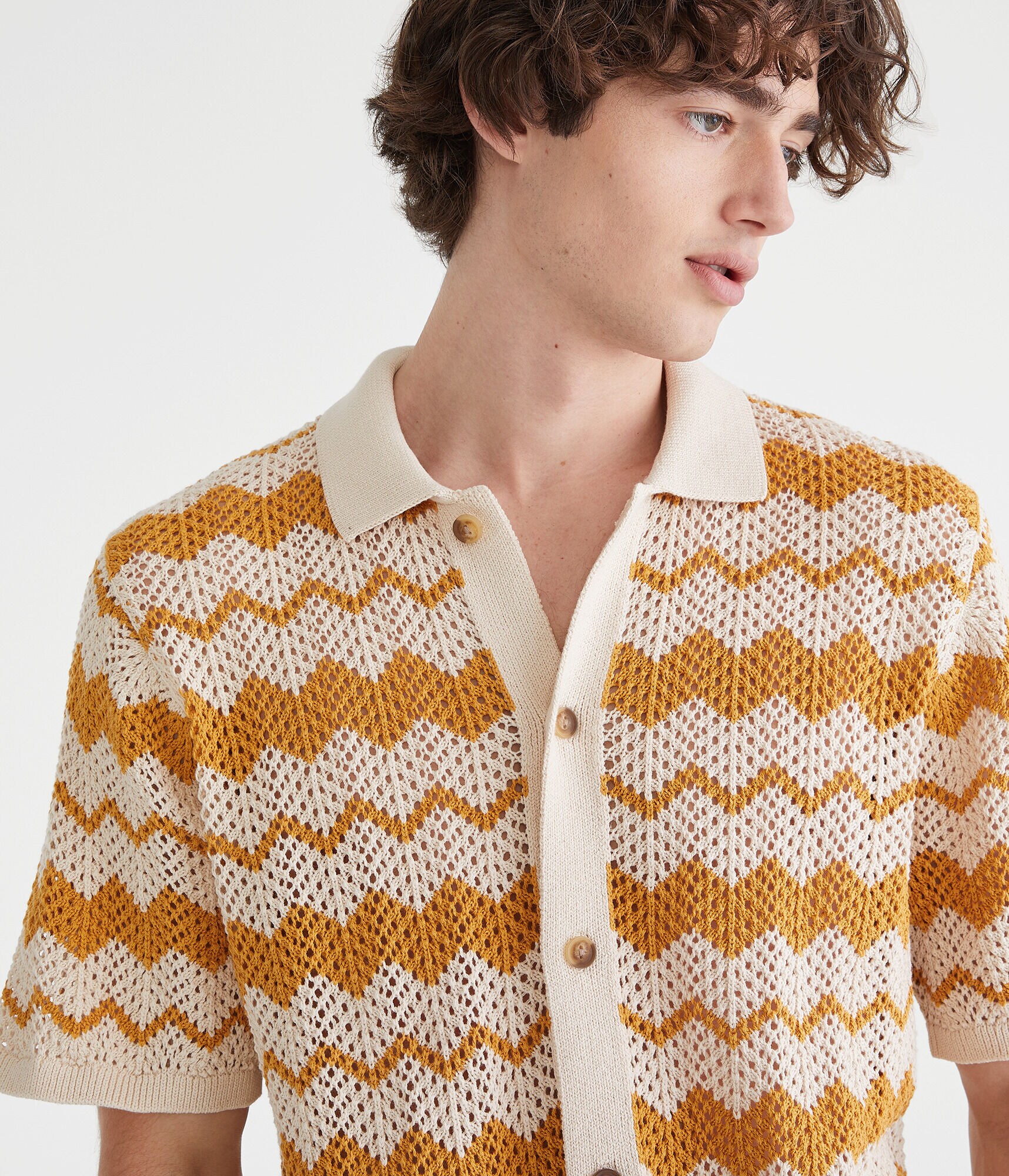 Chevron Crocheted Buttoned Sweater Polo