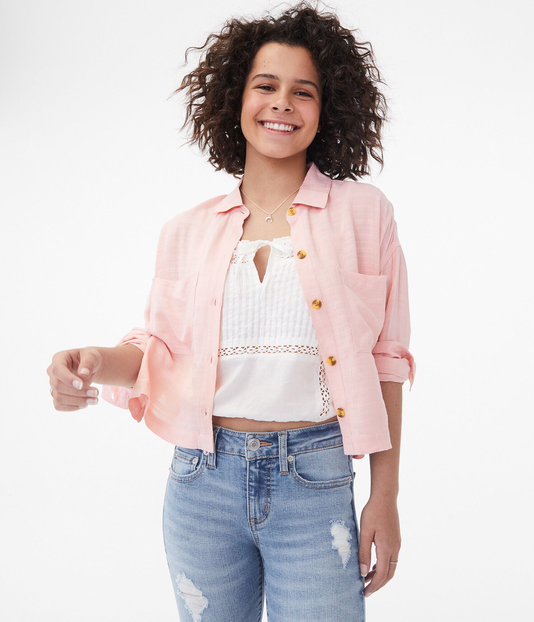 Long Sleeve Cropped Button-Down Shirt