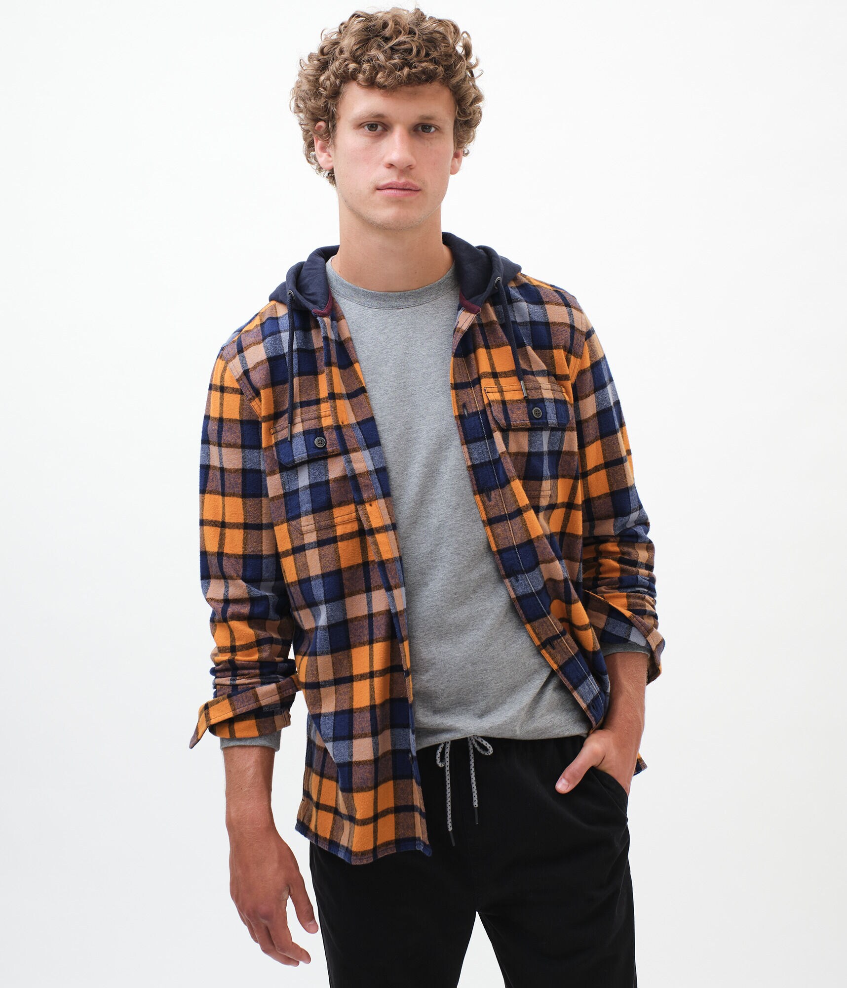 Long Sleeve Plaid Hooded Flannel Button 
