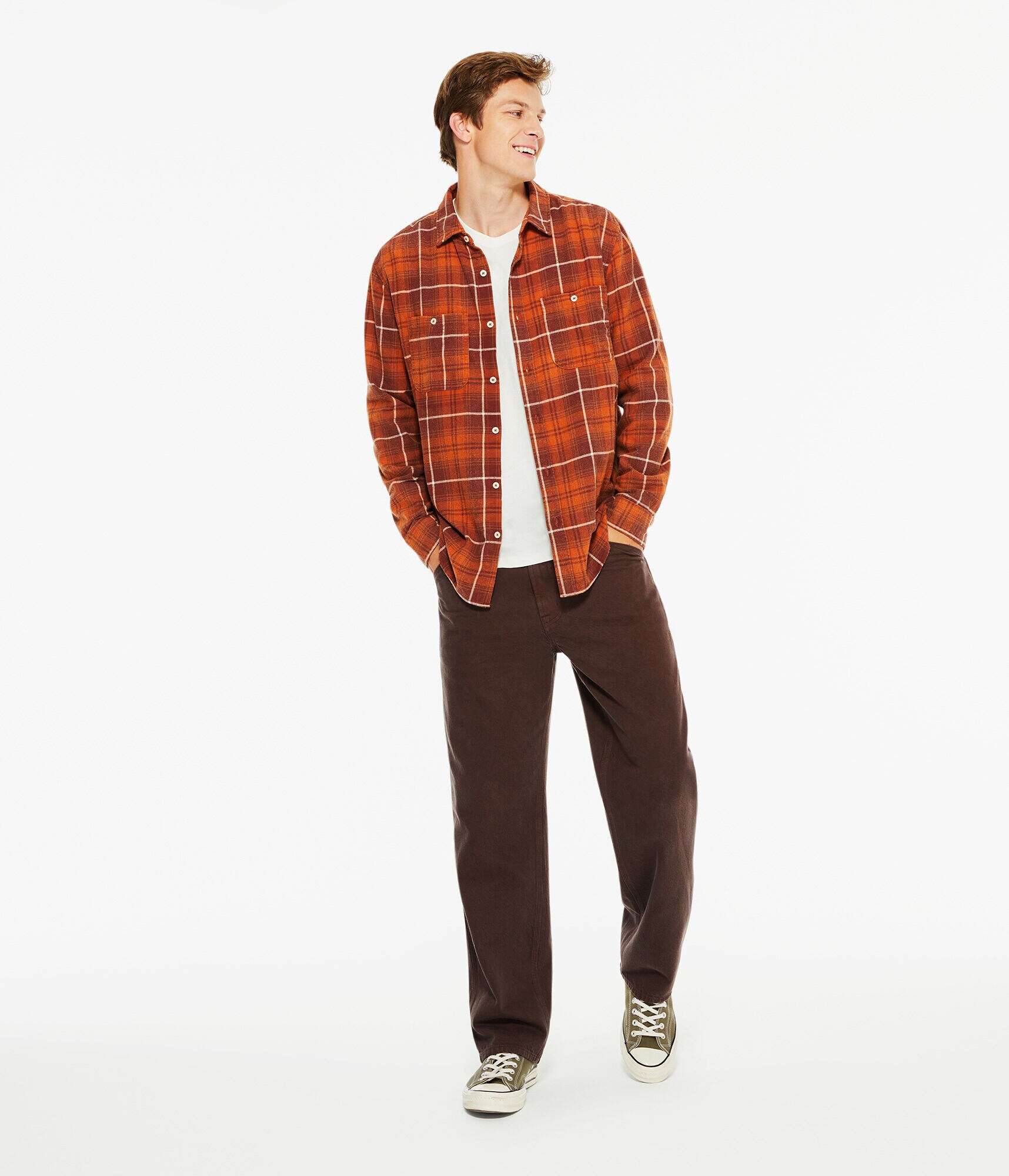 Long Sleeve Relaxed Washed Plaid Flannel Shirt