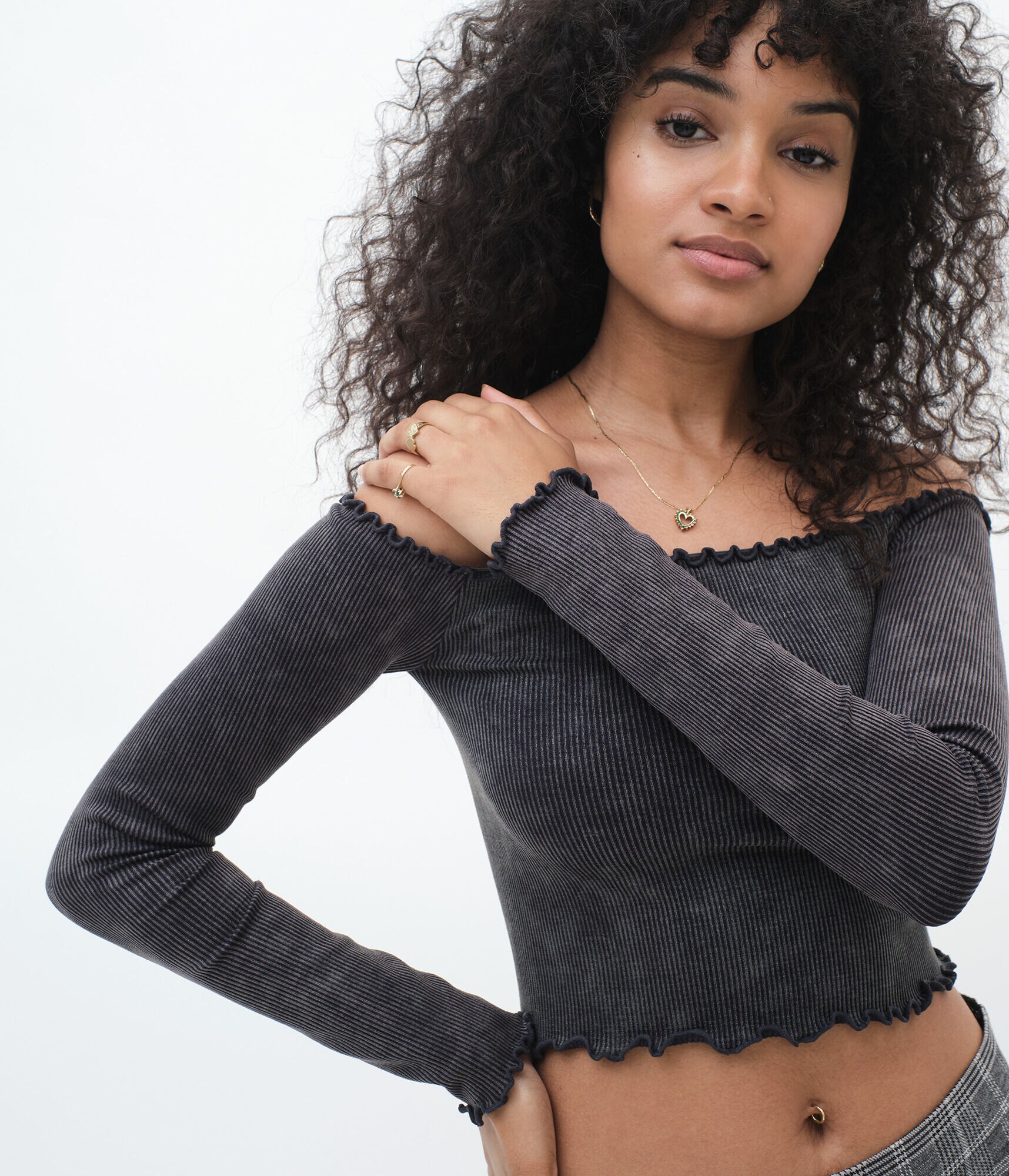 Long Sleeve Seamless Acid Wash Off-The-Shoulder Crop Top